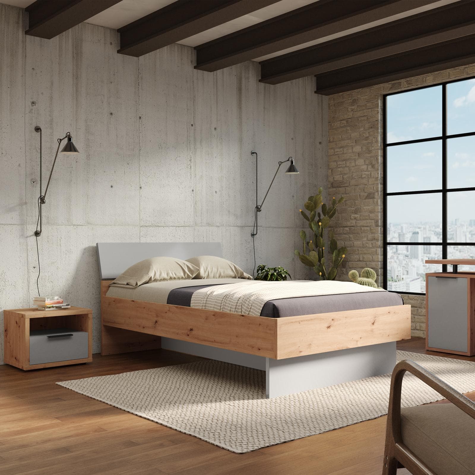 Letto una piazza e mezzo 120x200 cm rovere artisan e grigio lucido - Leeds Night