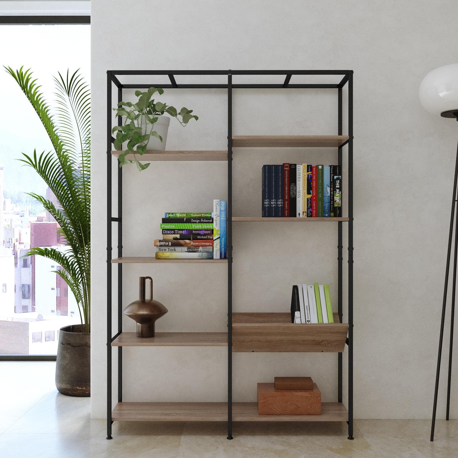 Libreria 100x150h cm effetto rovere chiaro e acciaio nero con 8 ripiani - Grim