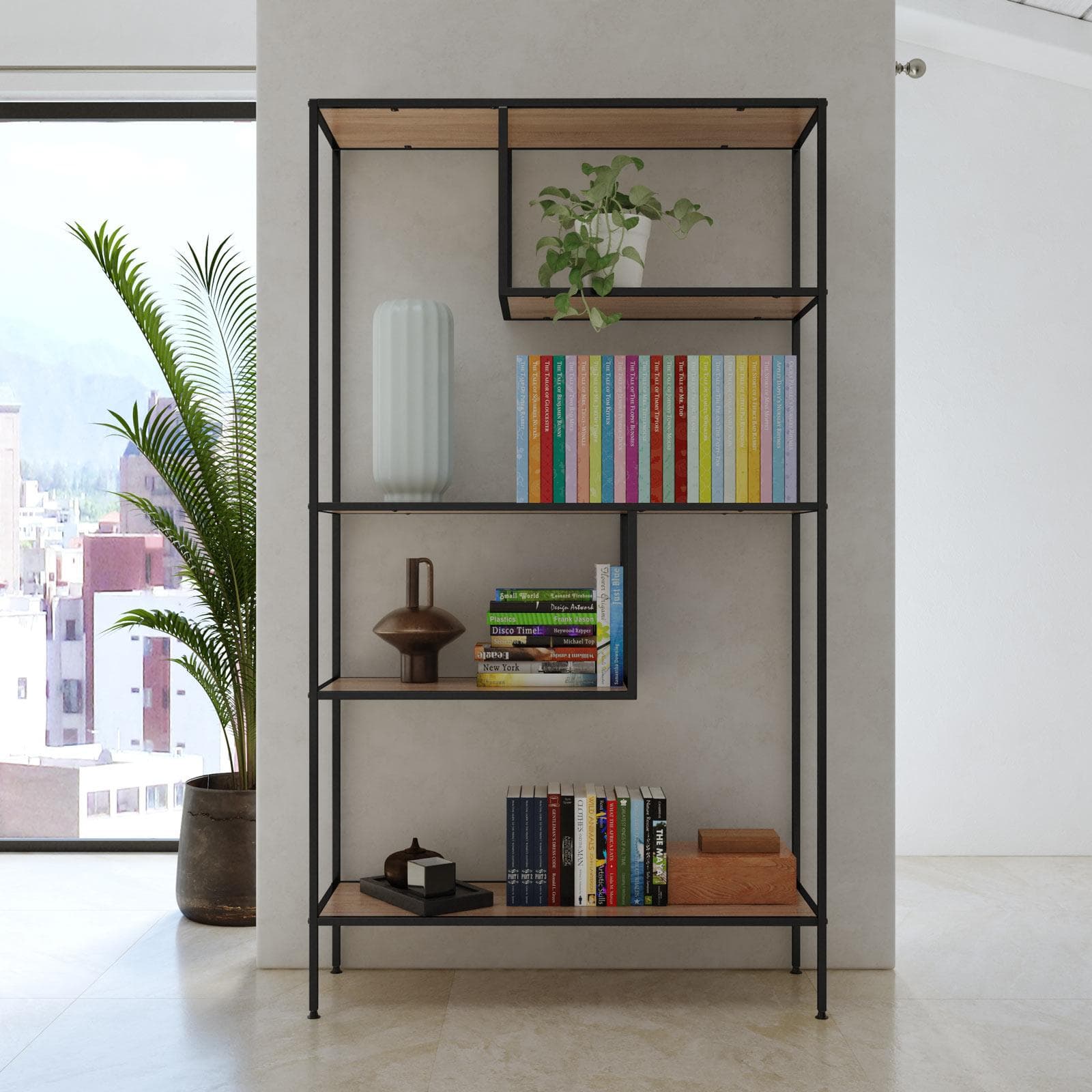 Libreria 100x178h cm effetto rovere selvatico e acciaio nero - Grim