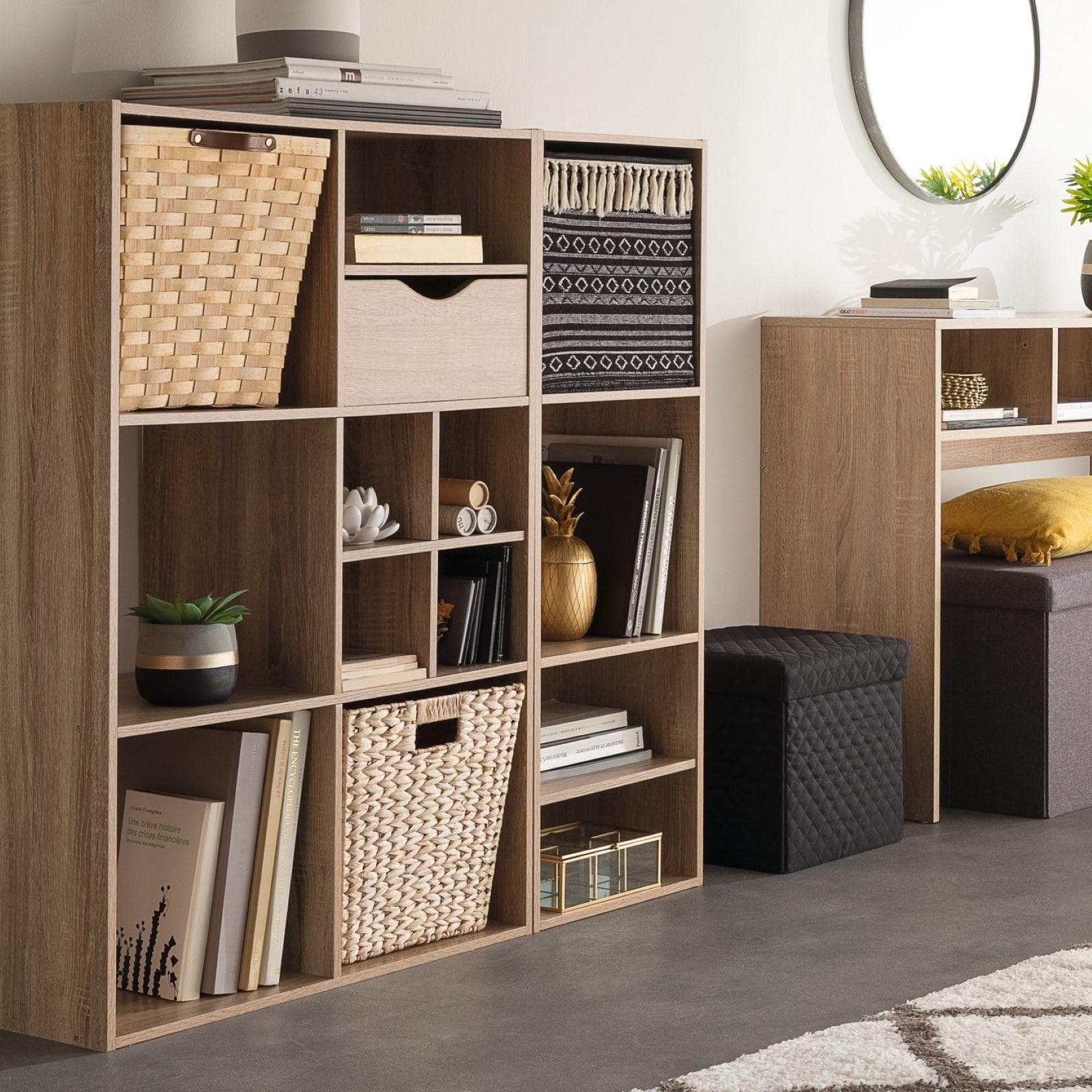 Libreria 101x101h cm effetto rovere naturale con 9 vani - Unify