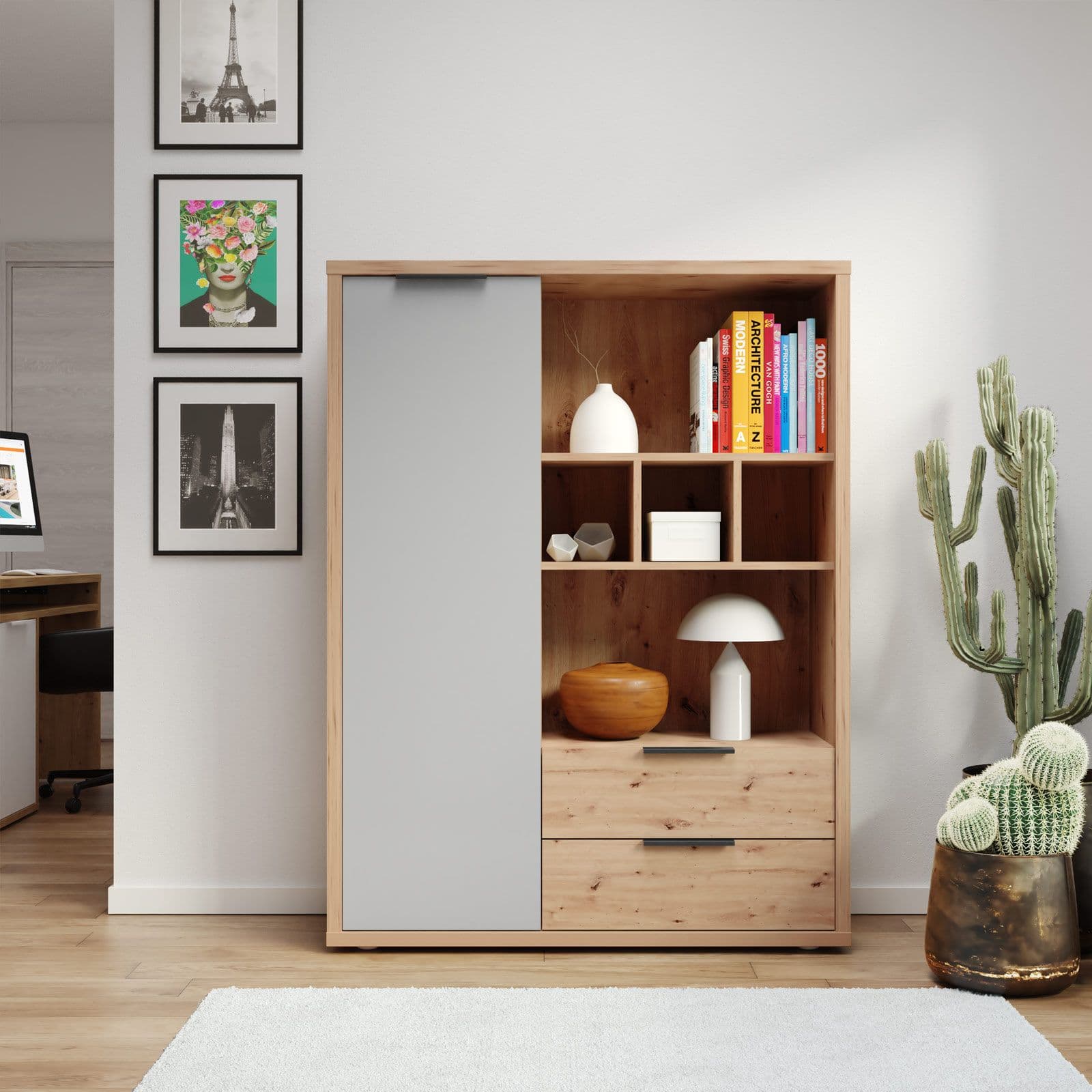 Libreria 110x146h cm rovere artisan e grigio lucido con 1 anta e 2 cassetti - Clem