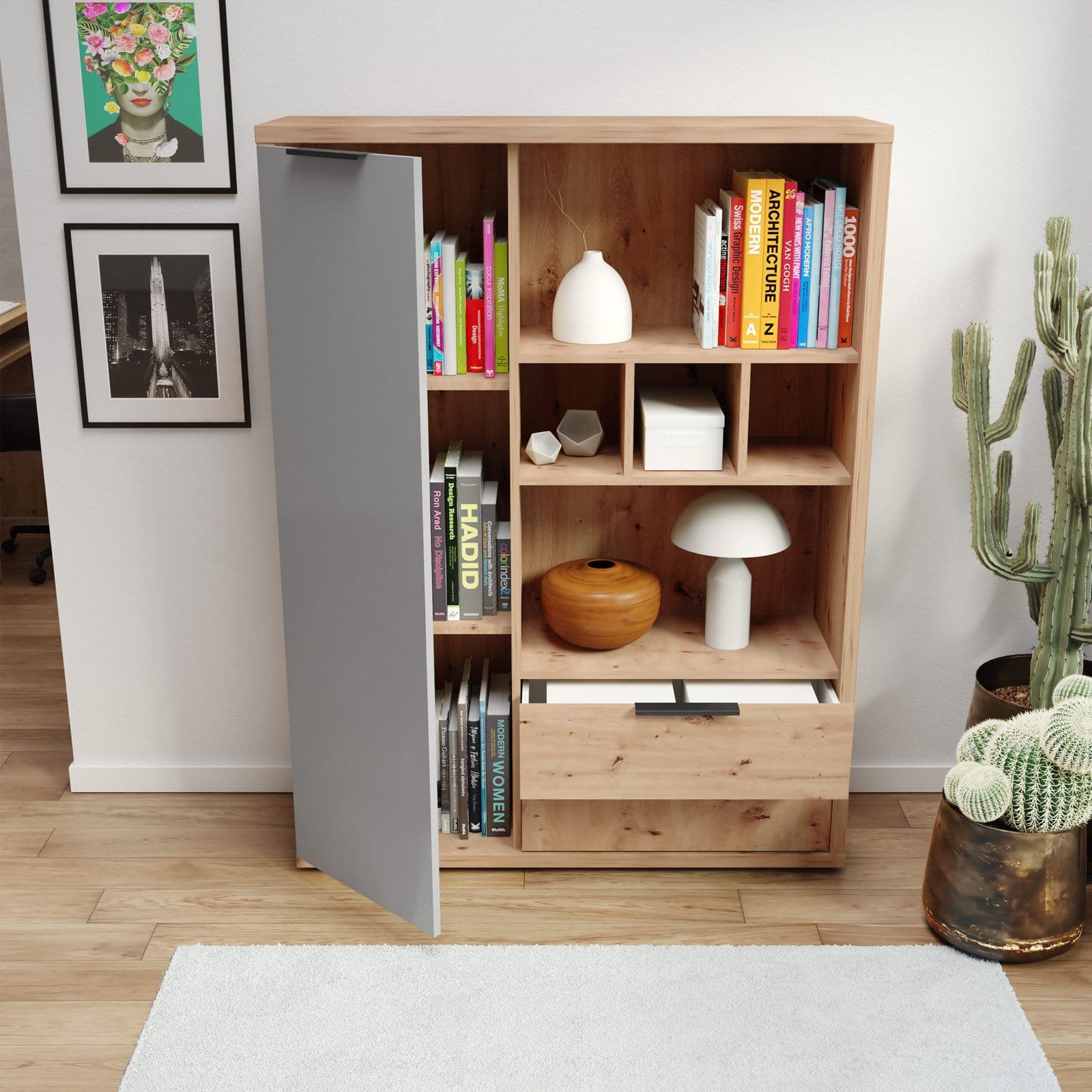 Libreria 110x146h cm rovere artisan e grigio lucido con 1 anta e 2 cassetti - Clem