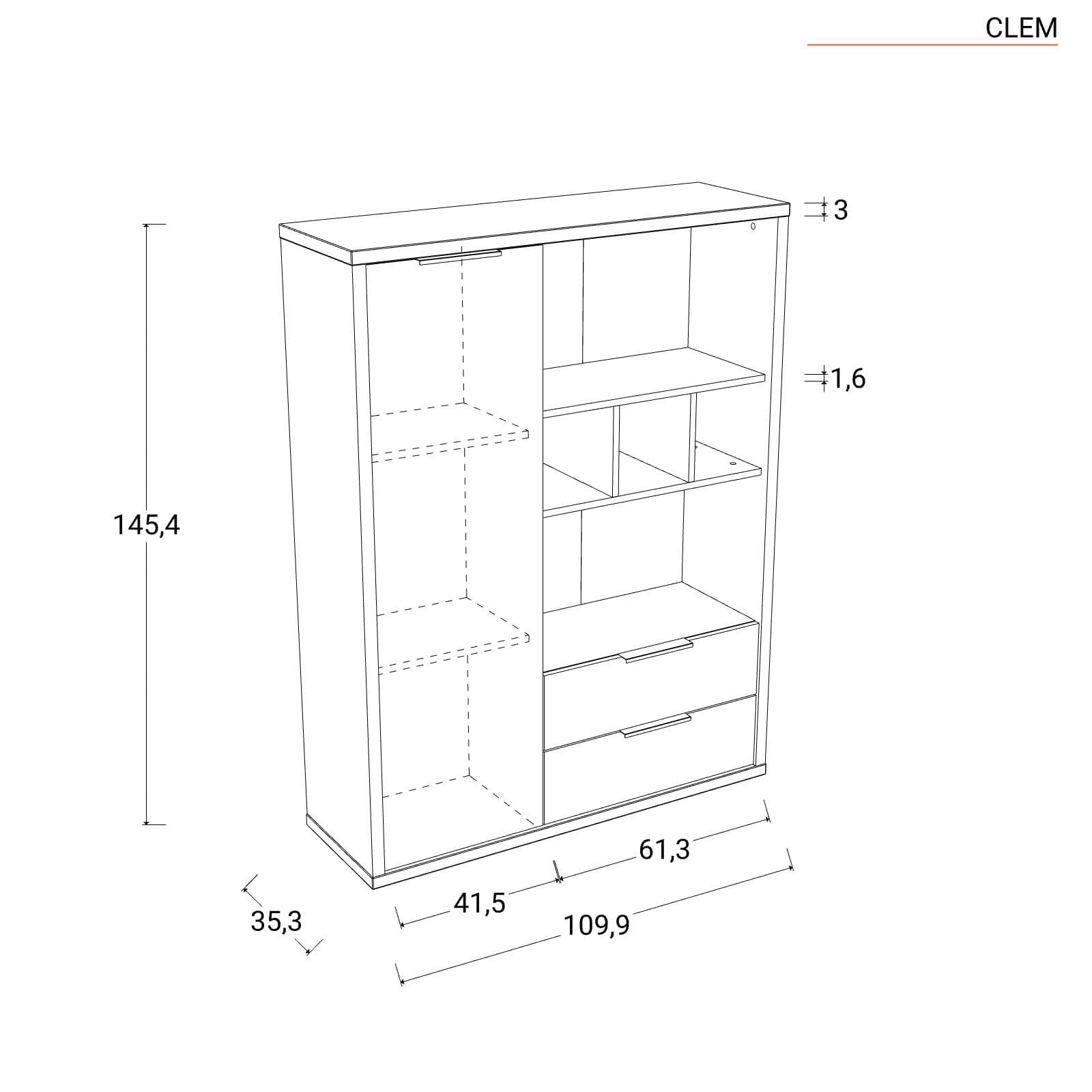 Libreria 110x146h cm rovere artisan e grigio lucido con 1 anta e 2 cassetti - Clem