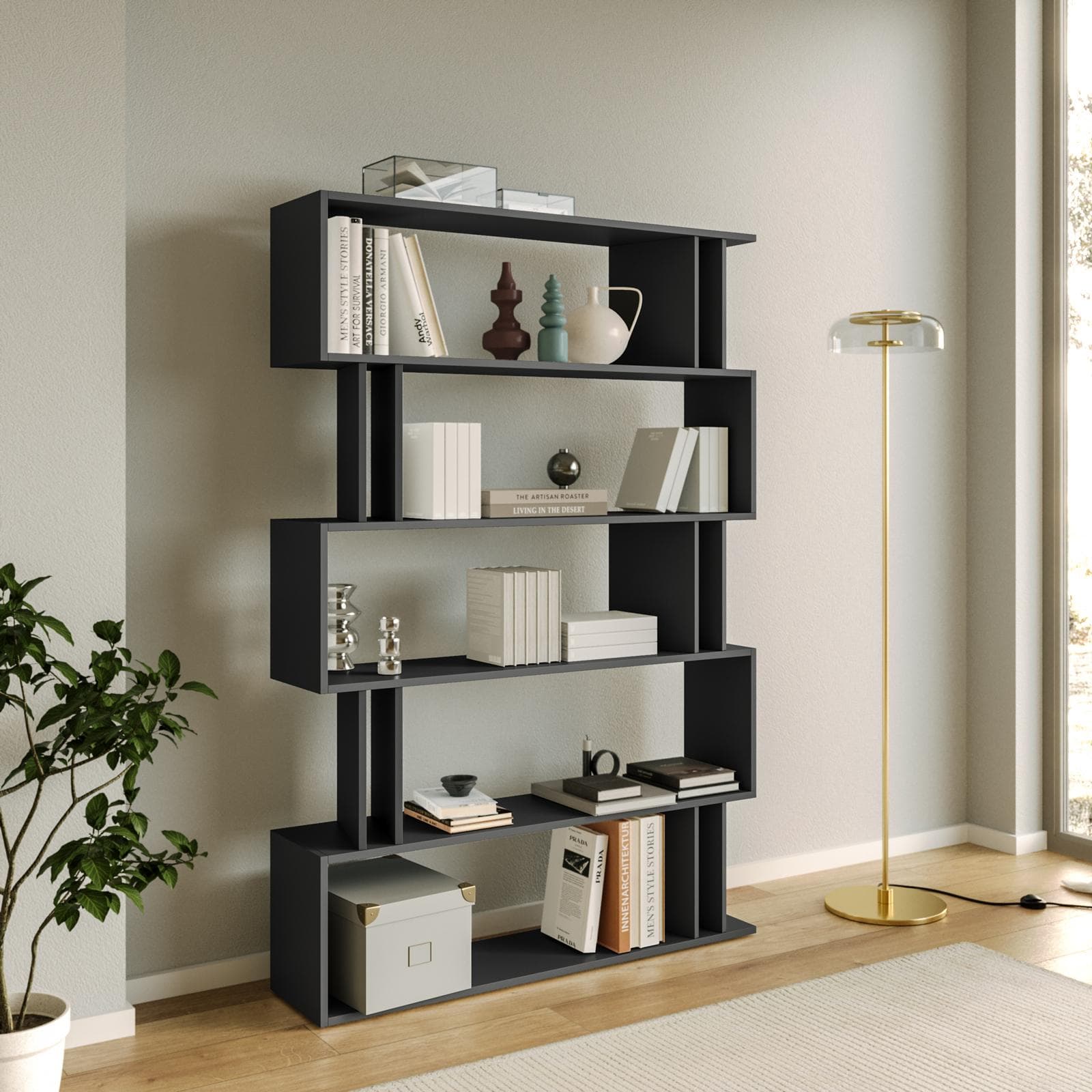 Libreria 110x161h cm in legno antracite con 10 vani - Kantiko