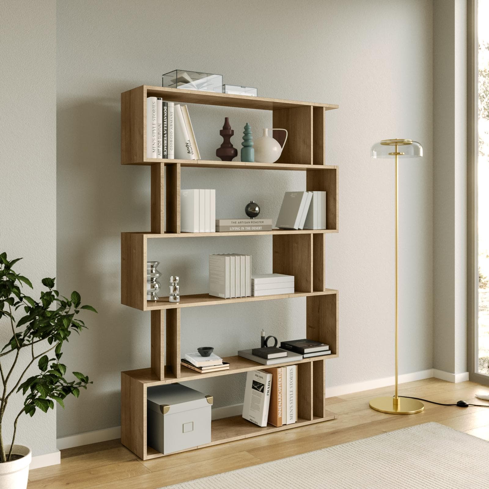 Libreria 110x161h cm in legno rovere con 10 vani - Kantiko