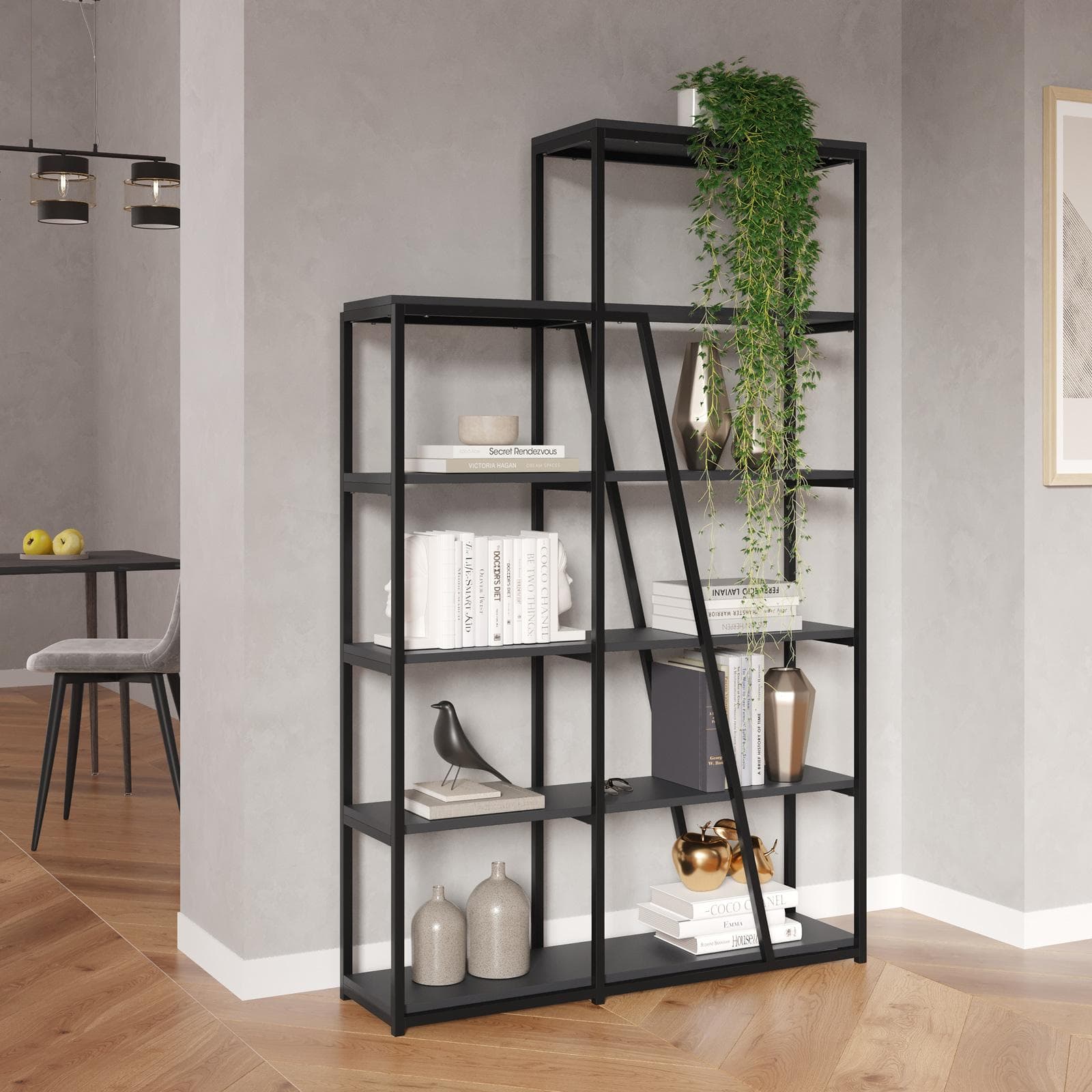 Libreria 110x178h cm con ripiani antracite e struttura in metallo nero - Rubiza