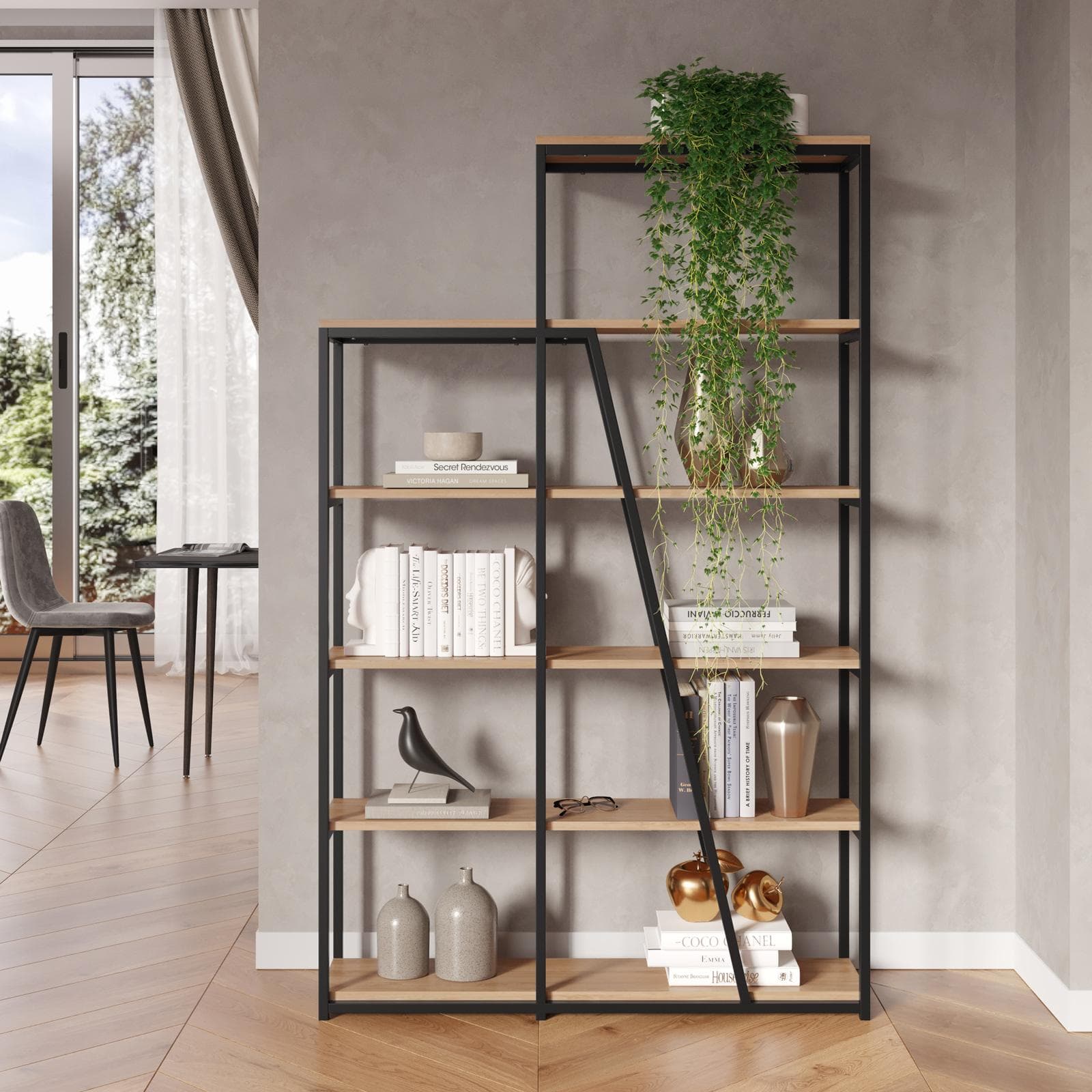 Libreria 110x178h cm con ripiani rovere e e struttura in metallo nero - Rubiza