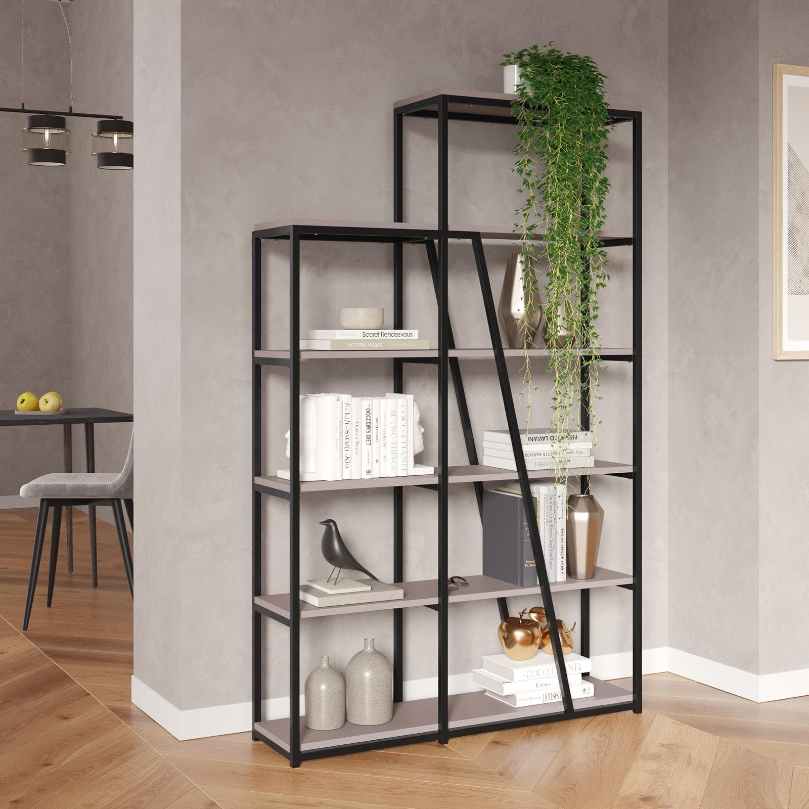Libreria 110x178h cm con ripiani tortora e struttura in metallo nero - Rubiza