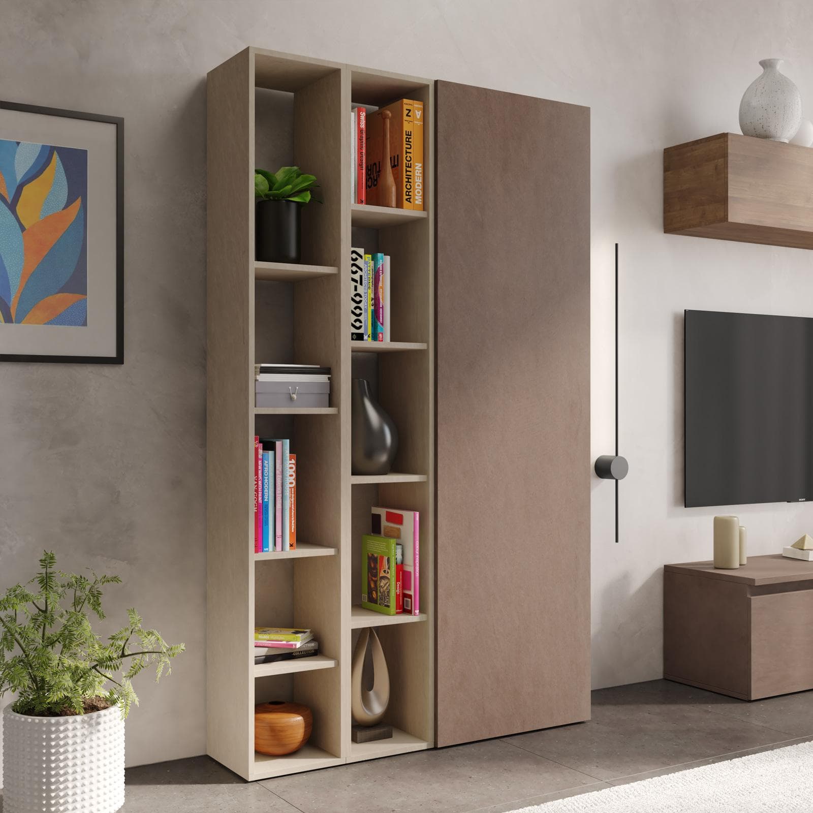 Libreria 109x185h cm 3 elementi con vani a giorno argilla e anta bronzo - Clary