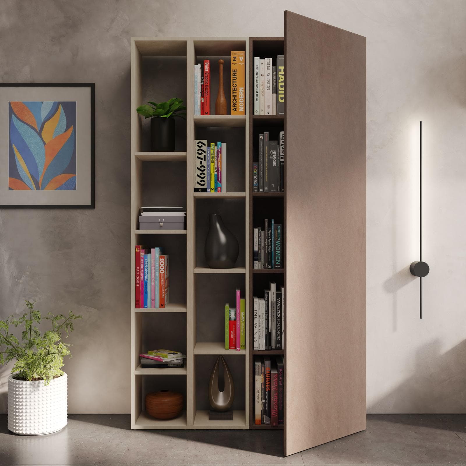 Libreria 109x185h cm 3 elementi con vani a giorno argilla e anta bronzo - Clary