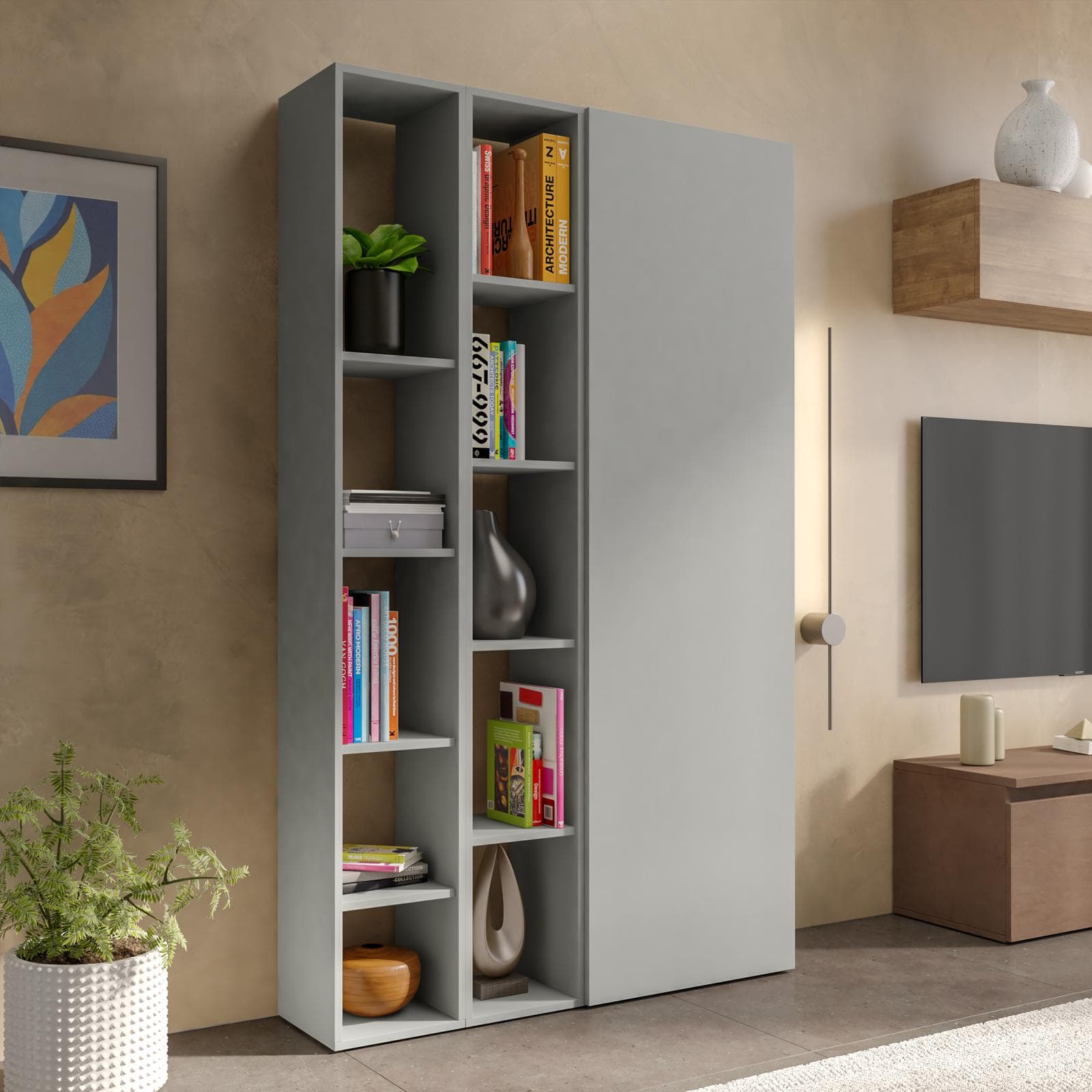 Libreria 109x185h cm 3 elementi ardesia con vani a giorno e anta - Clary