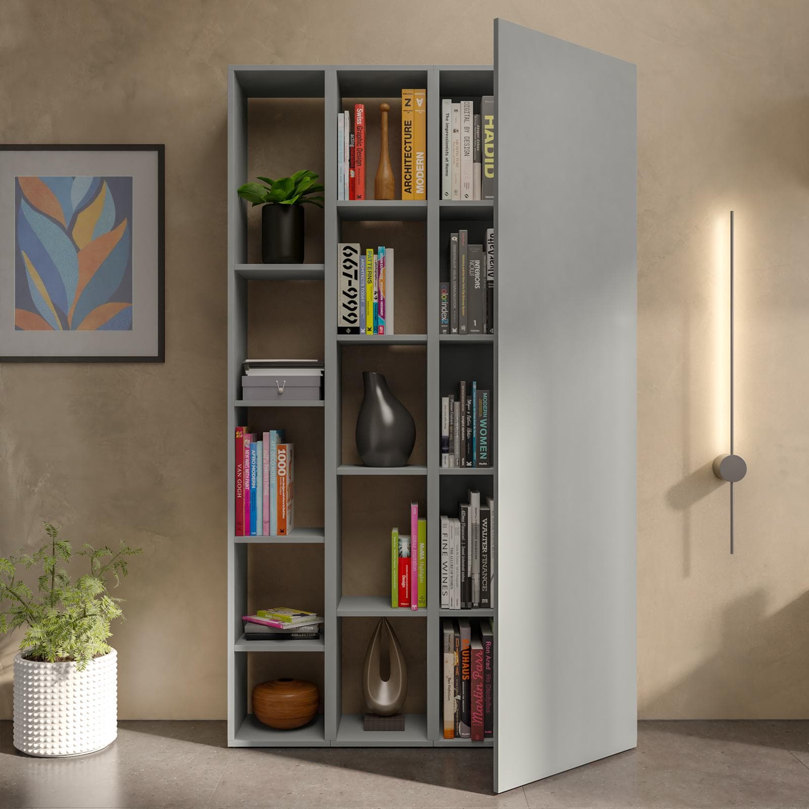 Libreria 109x185h cm 3 elementi ardesia con vani a giorno e anta - Clary