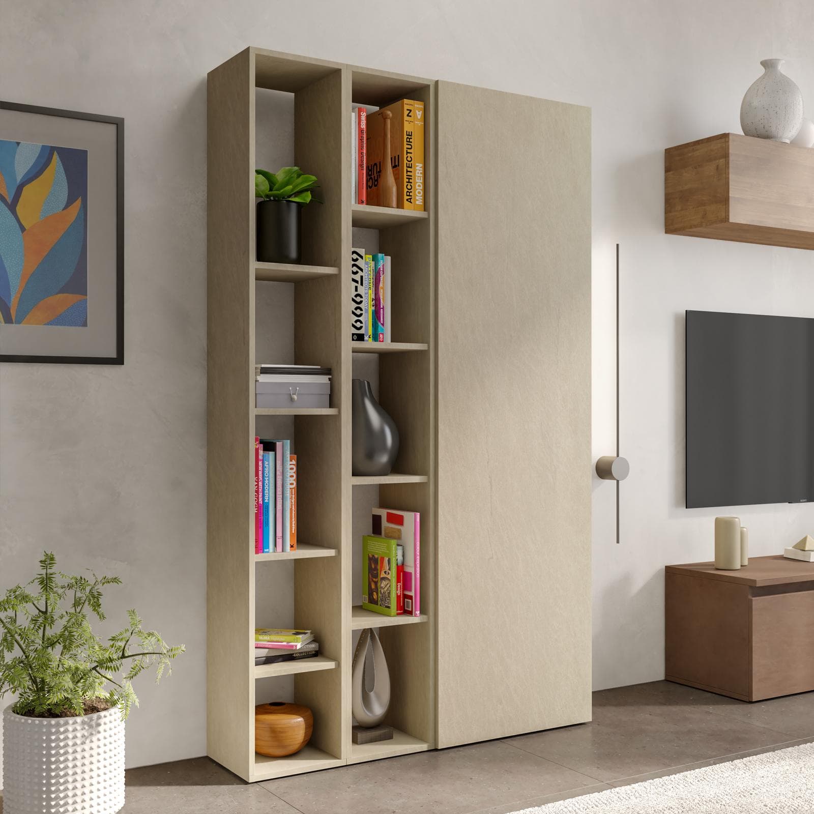 Libreria 109x185h cm 3 elementi argilla con vani a giorno e anta - Clary