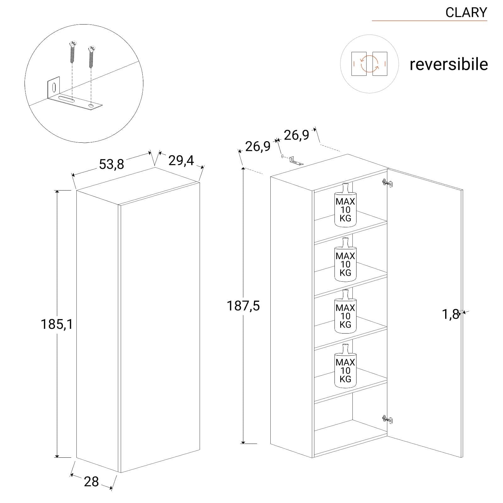 Libreria 109x185h cm 3 elementi argilla con vani a giorno e anta - Clary