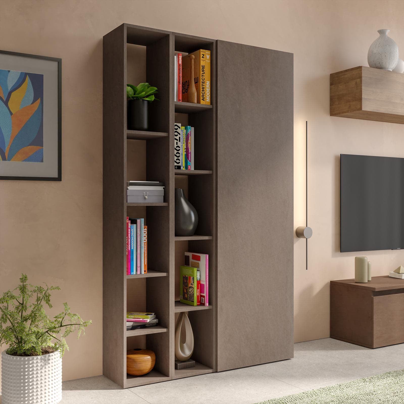 Libreria 109x185h cm 3 elementi bronzo con vani a giorno e anta - Clary