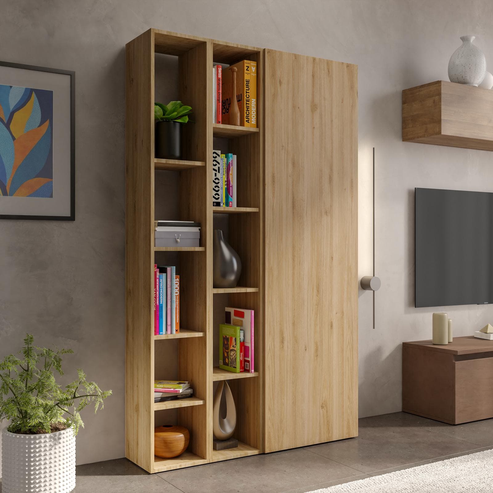 Libreria 109x185h cm 3 elementi cadiz con vani a giorno e anta - Clary
