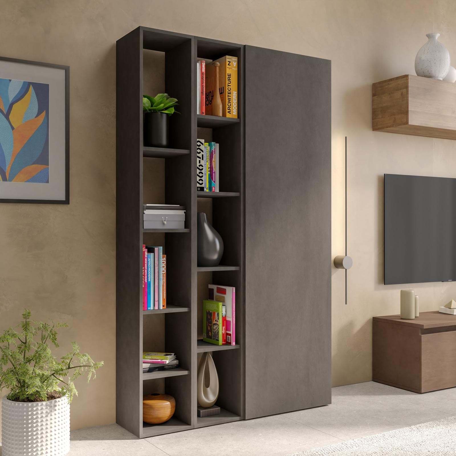 Libreria 109x185h cm 3 elementi lava con vani a giorno e anta - Clary