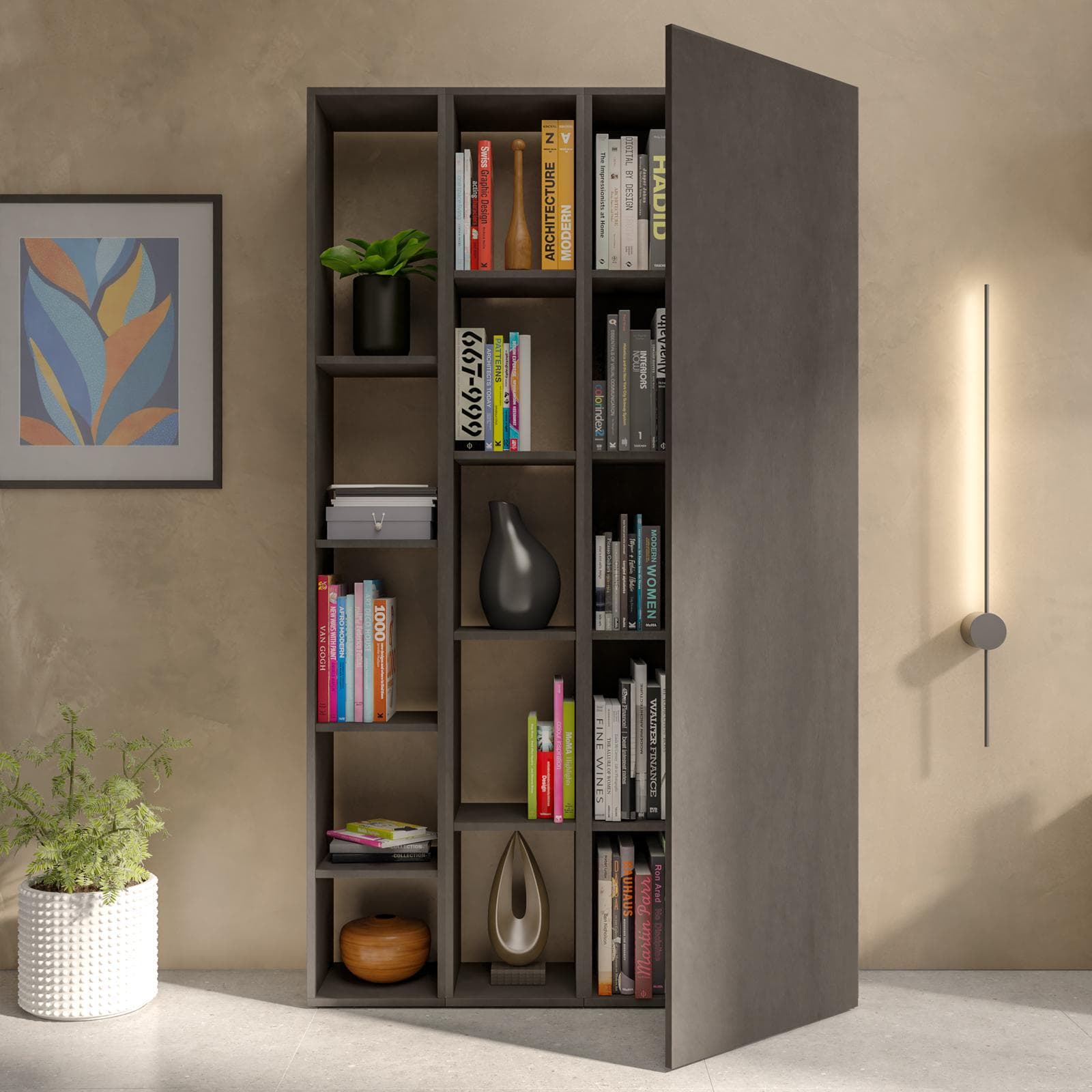 Libreria 109x185h cm 3 elementi lava con vani a giorno e anta - Clary