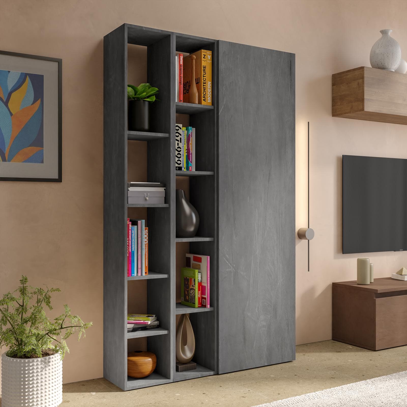 Libreria 109x185h cm 3 elementi piombo con vani a giorno e anta - Clary