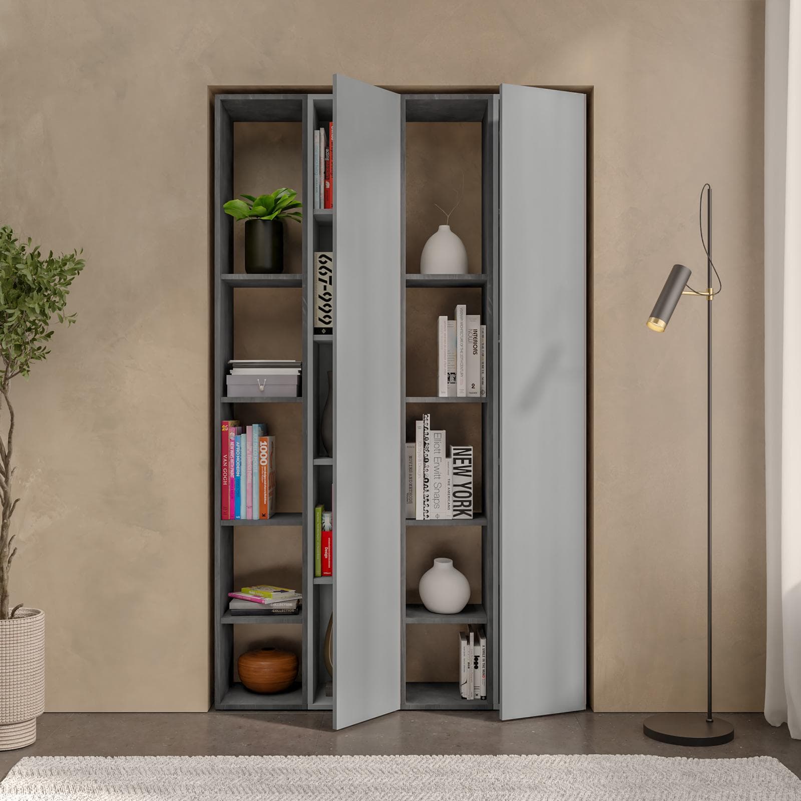 Libreria 111x185h cm 4 elementi con vani a giorno piombo e 2 ante ardesia - Clary
