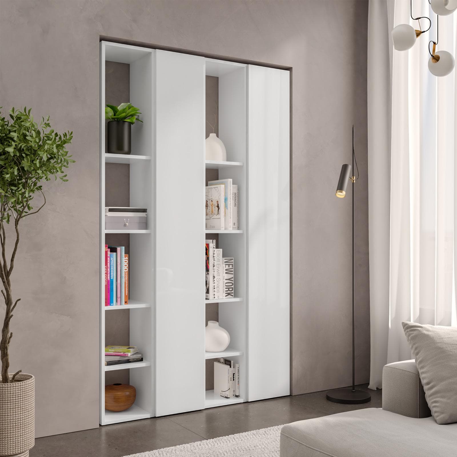 Libreria 111x185h cm 4 elementi bianco lucido con vani a giorno e 2 ante - Clary