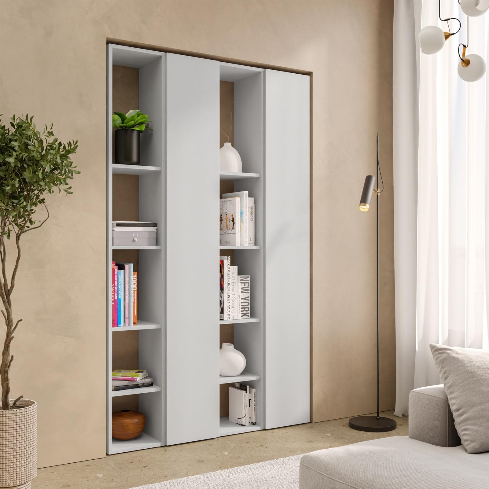 Libreria 111x185h cm 4 elementi gesso con vani a giorno e 2 ante - Clary