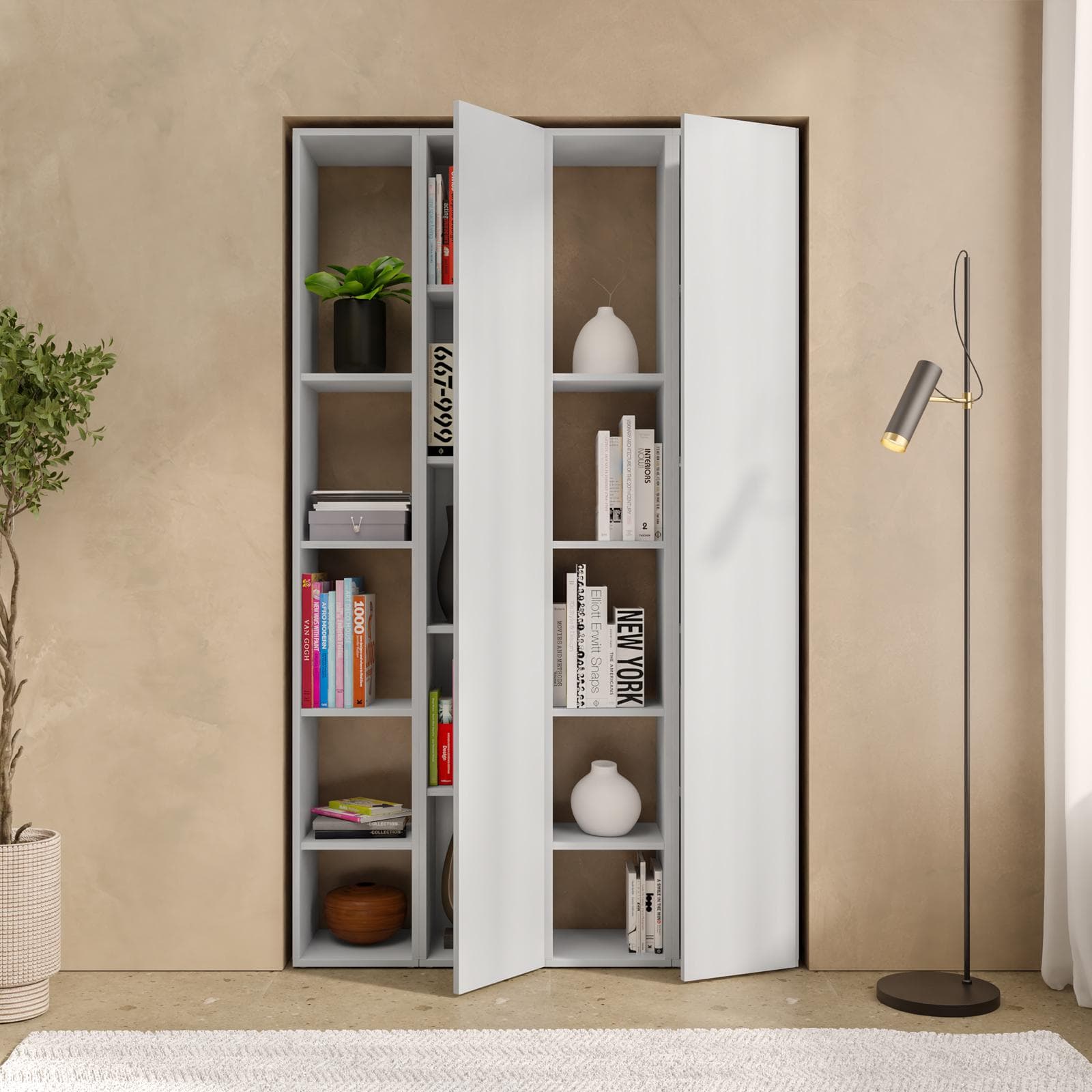 Libreria 111x185h cm 4 elementi gesso con vani a giorno e 2 ante - Clary