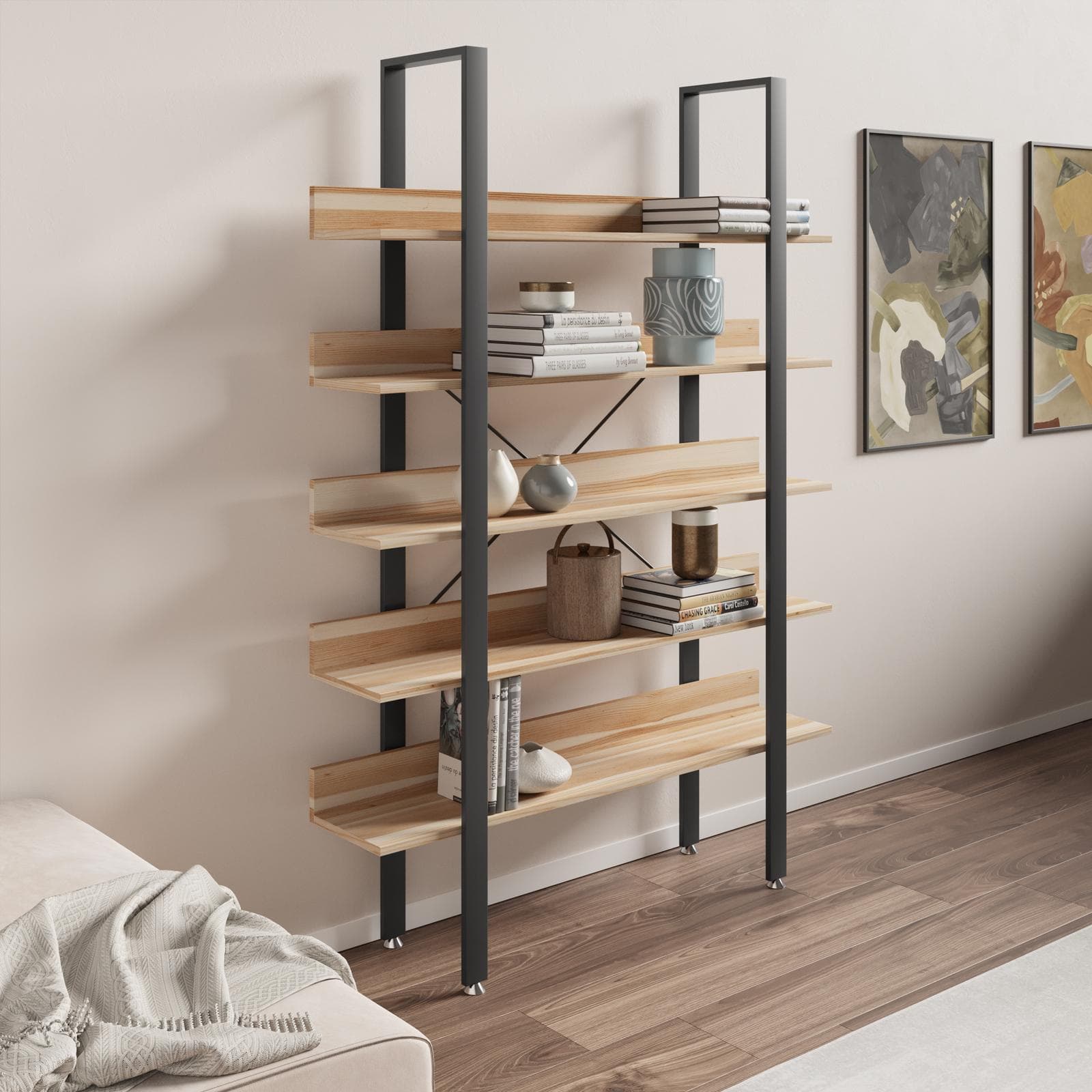 Libreria 120x171h cm con ripiani effetto rovere e struttura in metallo nero - Caio