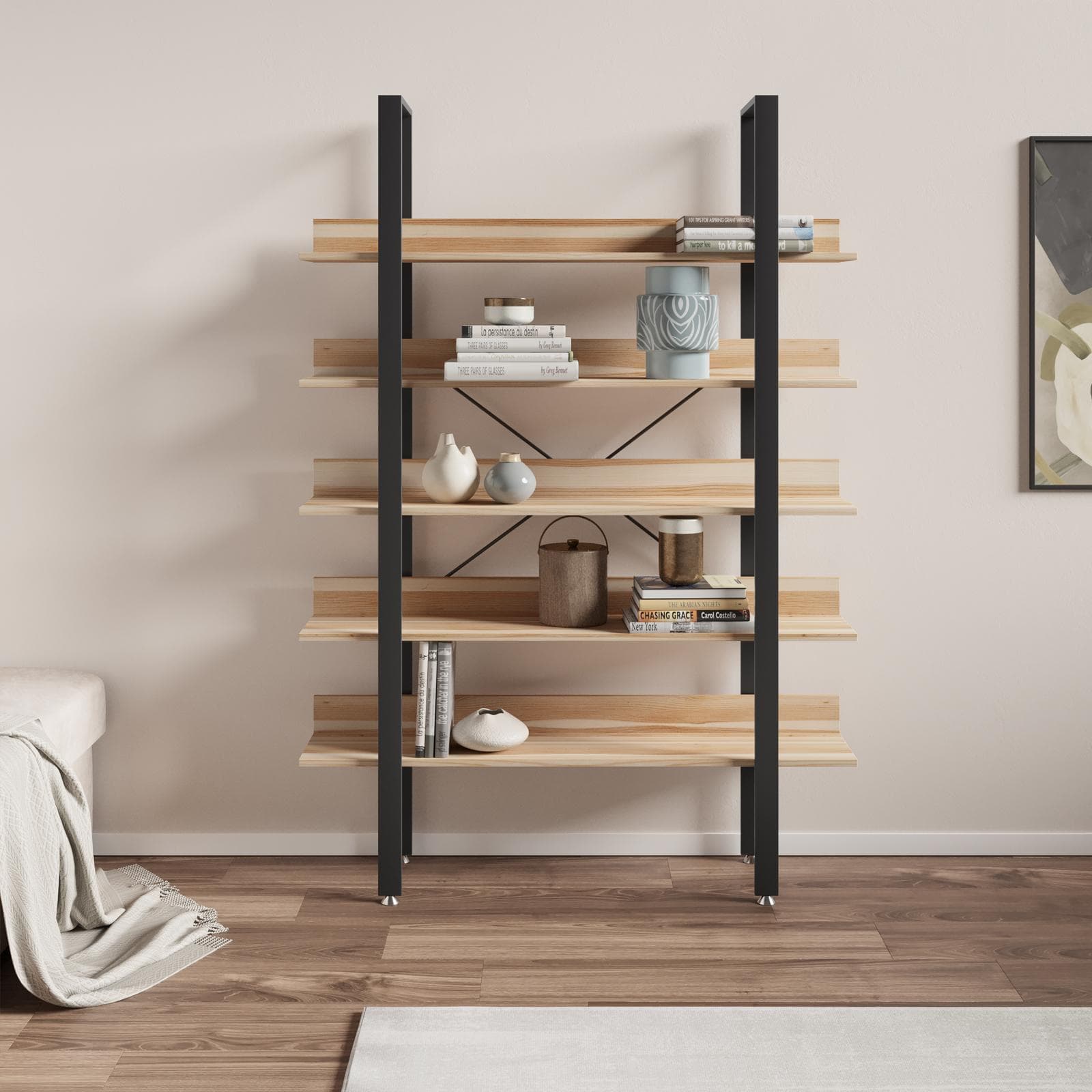 Libreria 120x171h cm con ripiani effetto rovere e struttura in metallo nero - Caio
