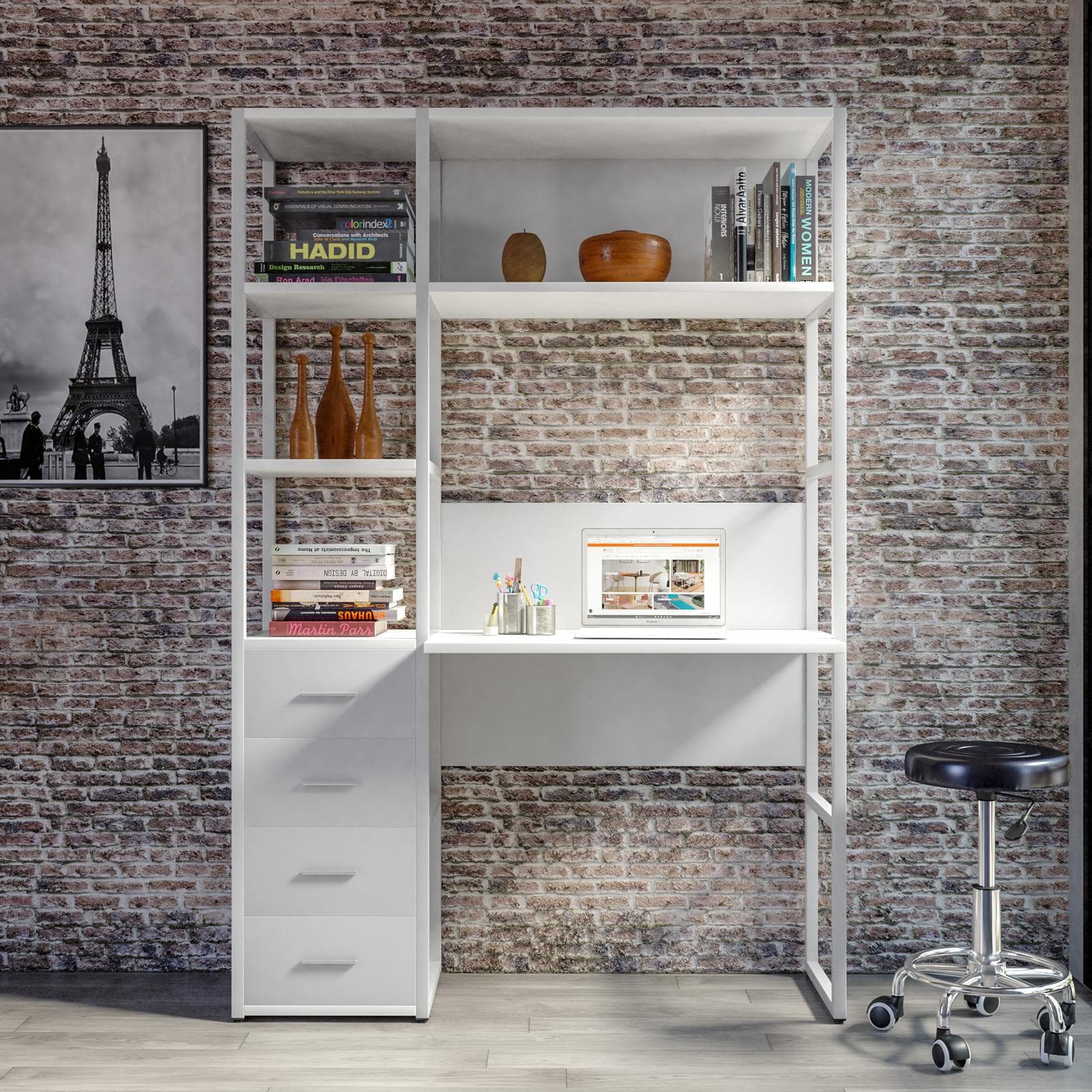 Libreria 120x180h cm bianco con scrivania e 4 cassetti - Apta