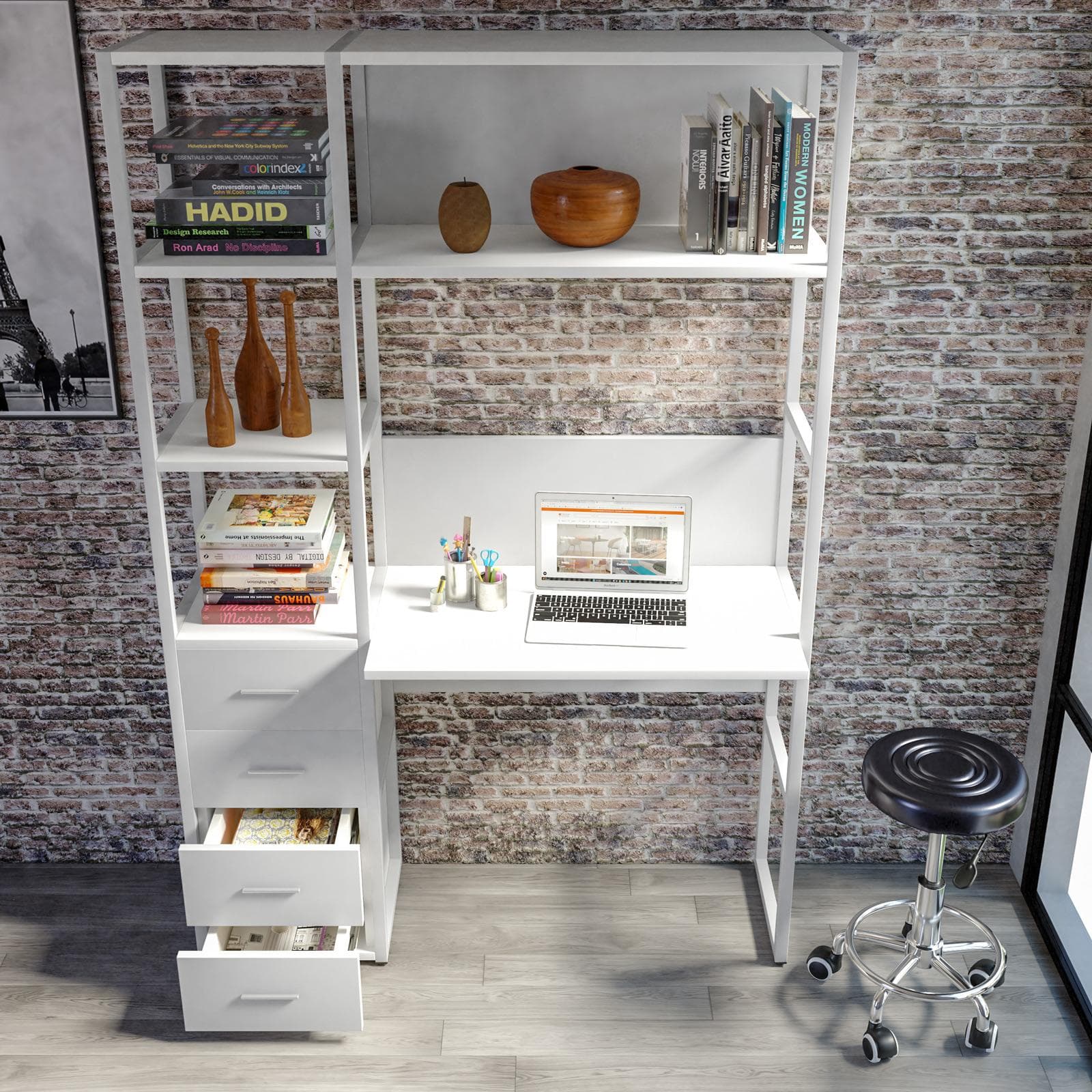 Libreria 120x180h cm bianco con scrivania e 4 cassetti - Apta
