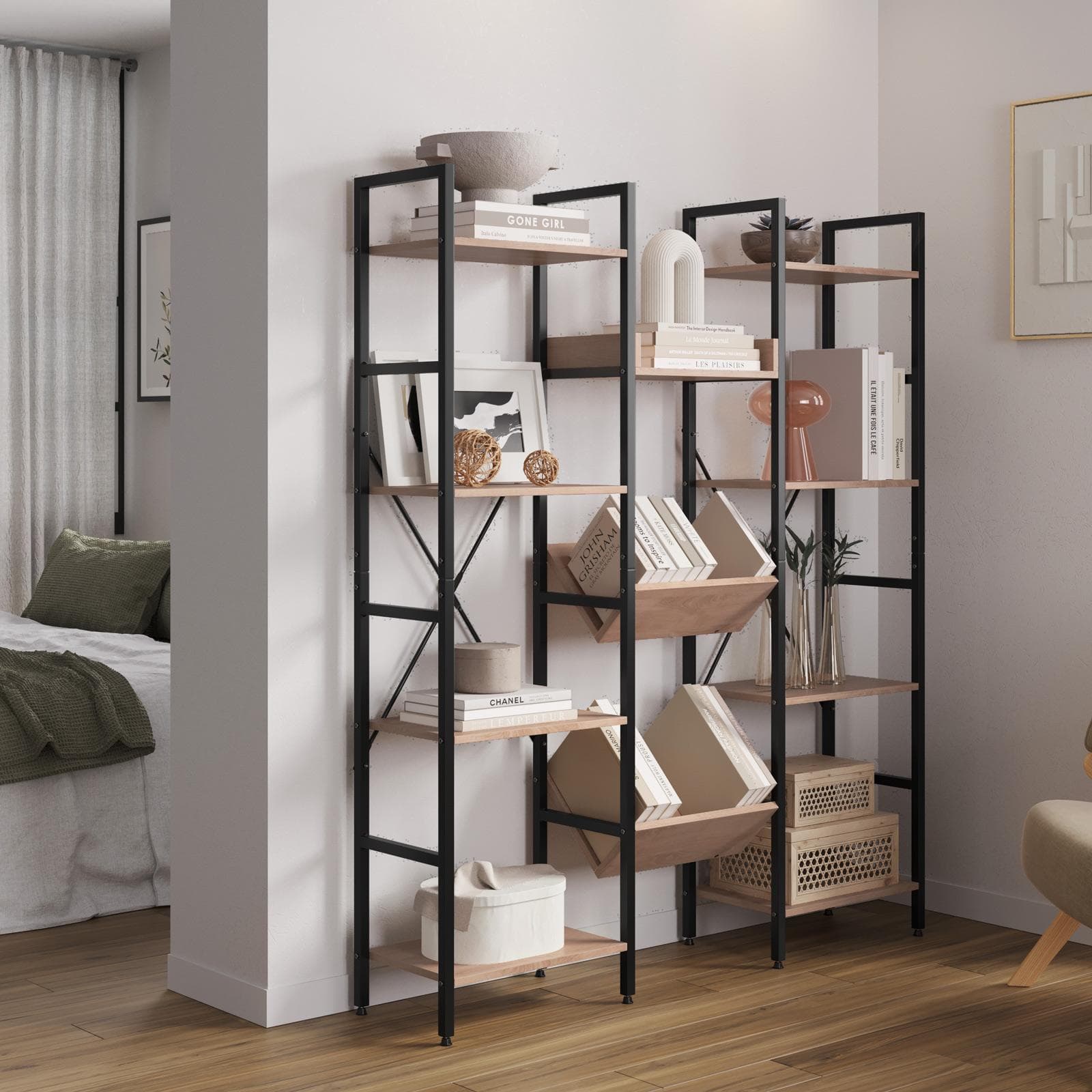 Libreria 125x150h cm effetto legno e struttura in acciaio nero - Duke