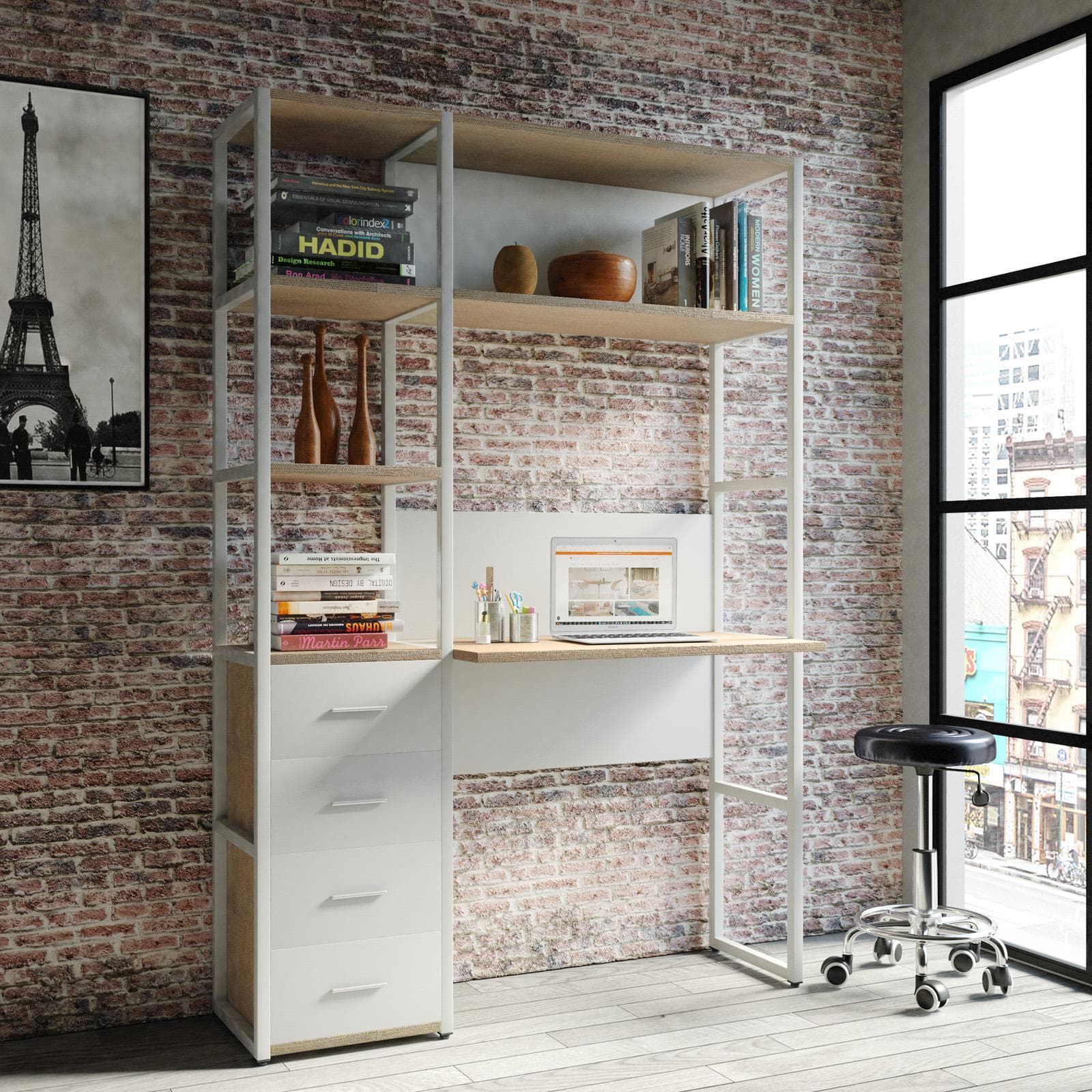 Libreria 120x180h cm effetto rovere sussex con scrivania e 4 cassetti - Apta