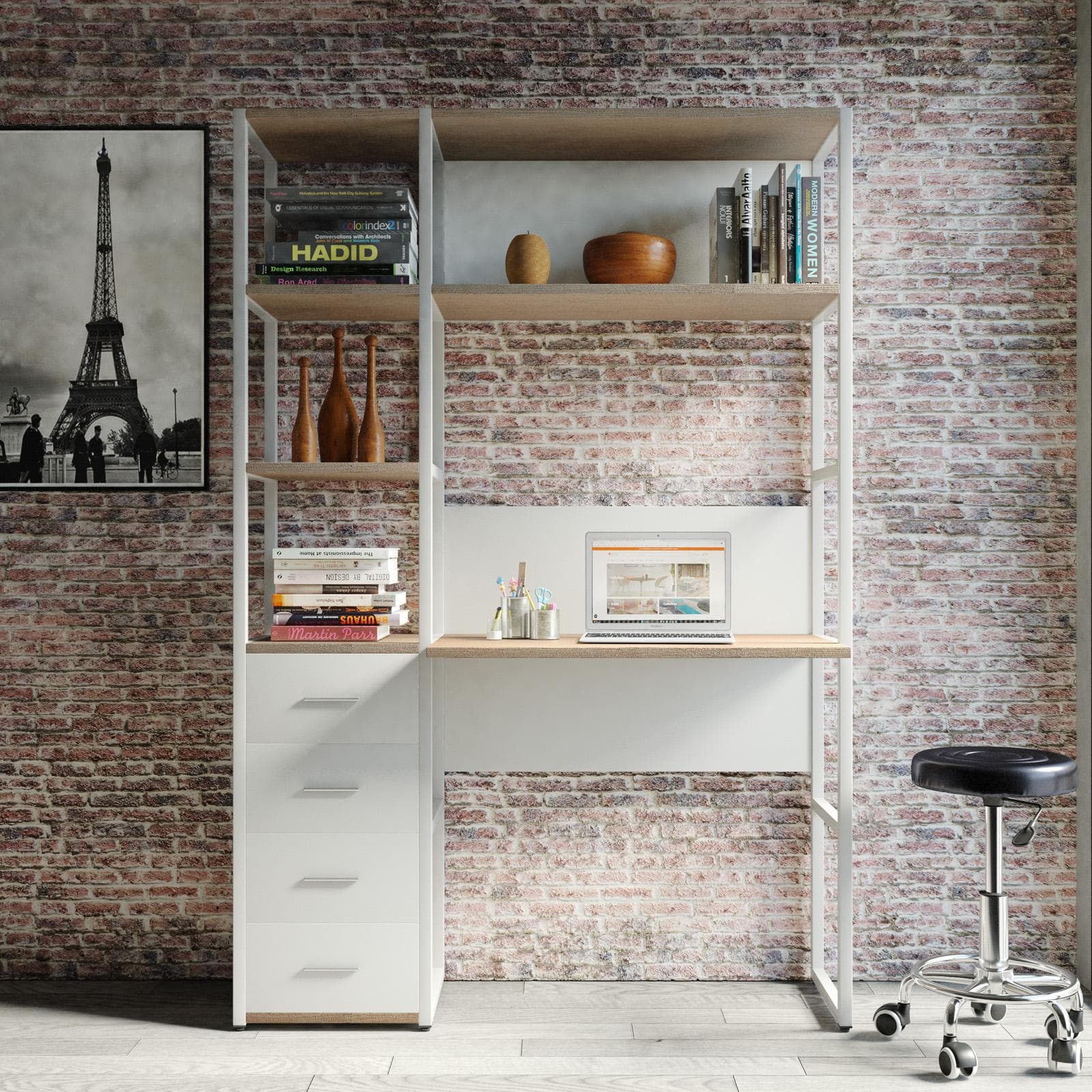 Libreria 120x180h cm effetto rovere sussex con scrivania e 4 cassetti - Apta