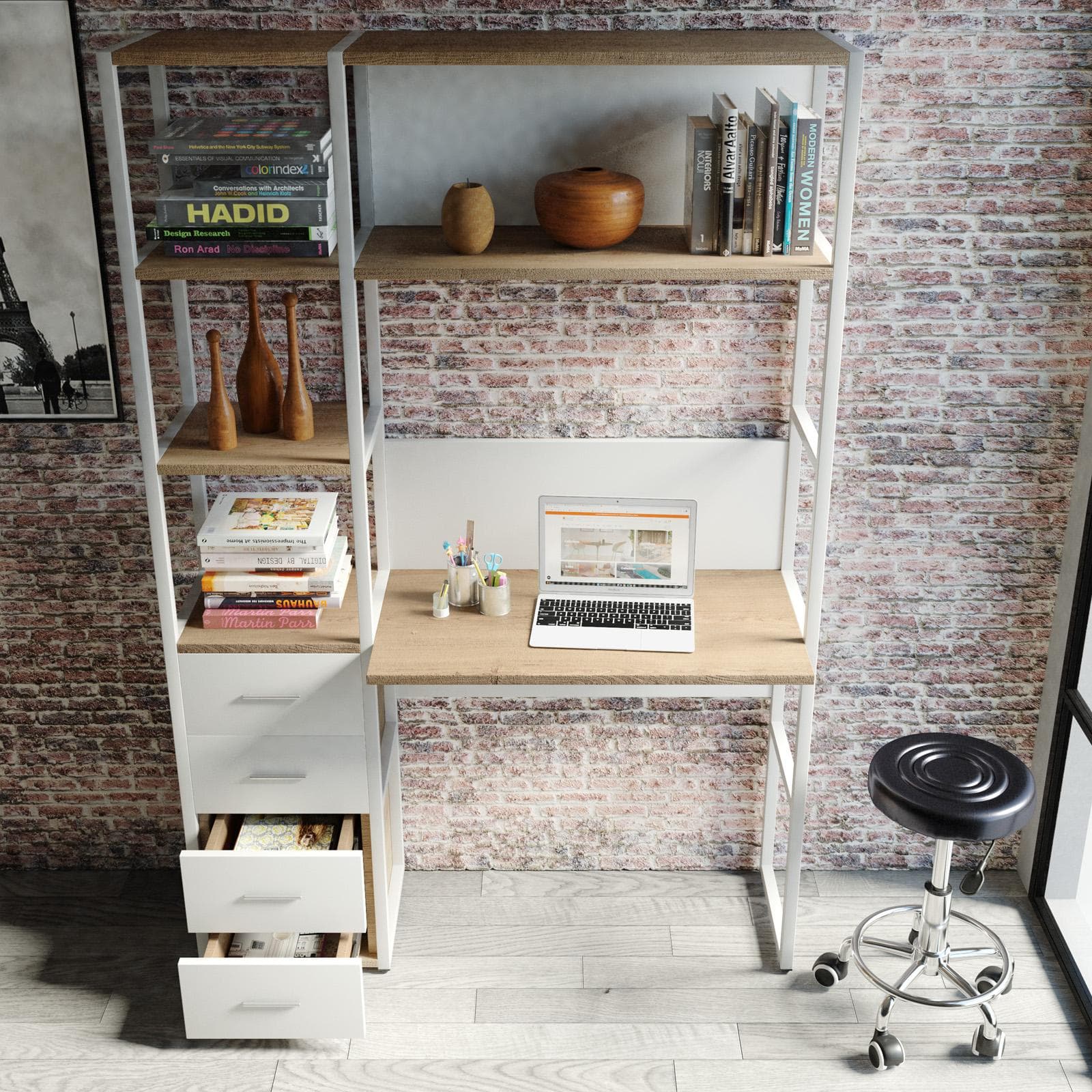 Libreria 120x180h cm effetto rovere sussex con scrivania e 4 cassetti - Apta