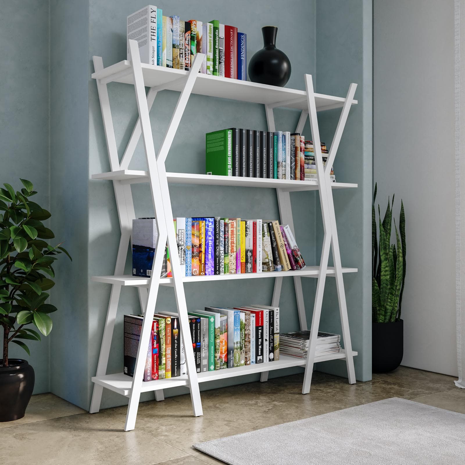 Libreria 140x160h cm bianco con struttura incrociata - Oisin