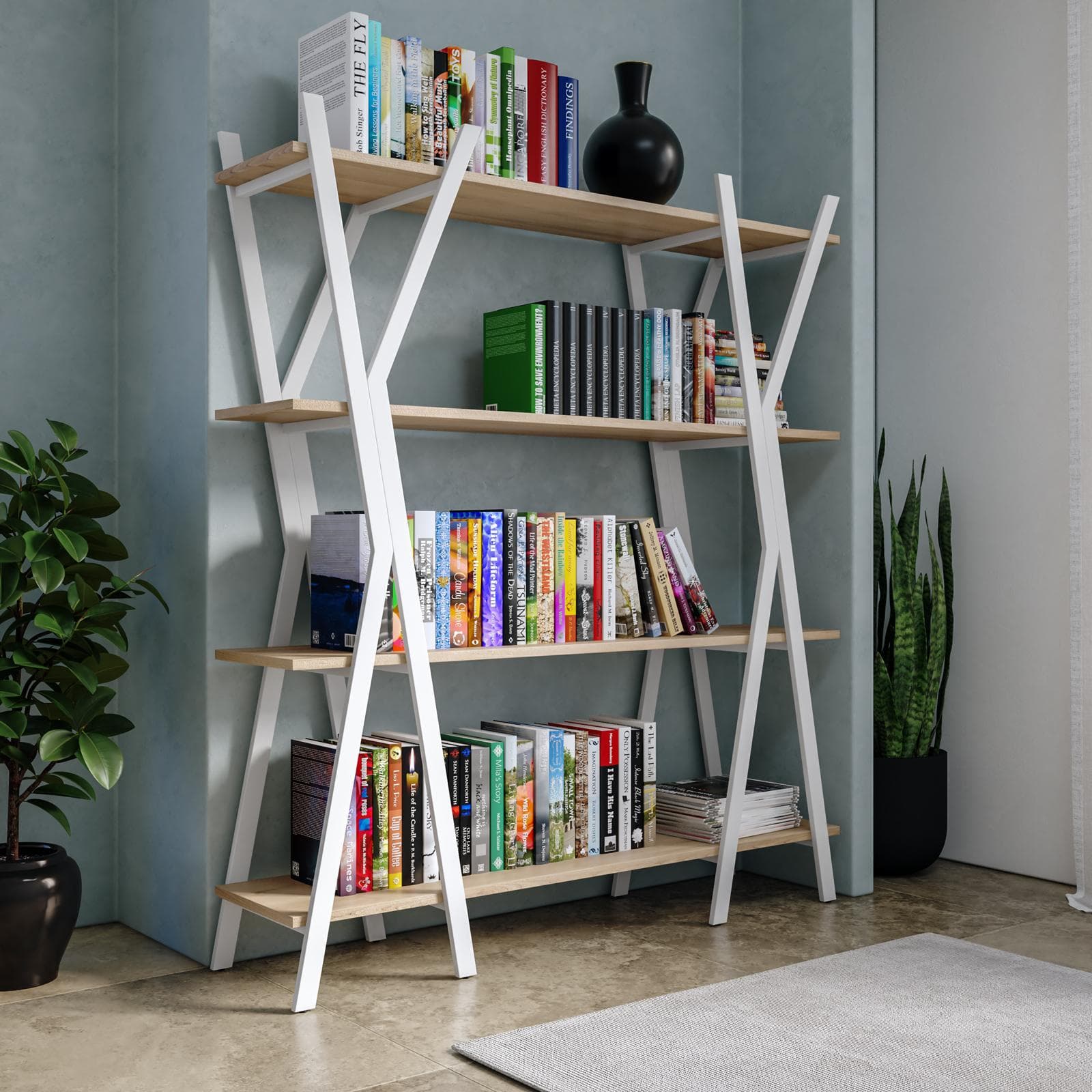 Libreria 140x160h cm bianco e rovere con struttura incrociata - Oisin