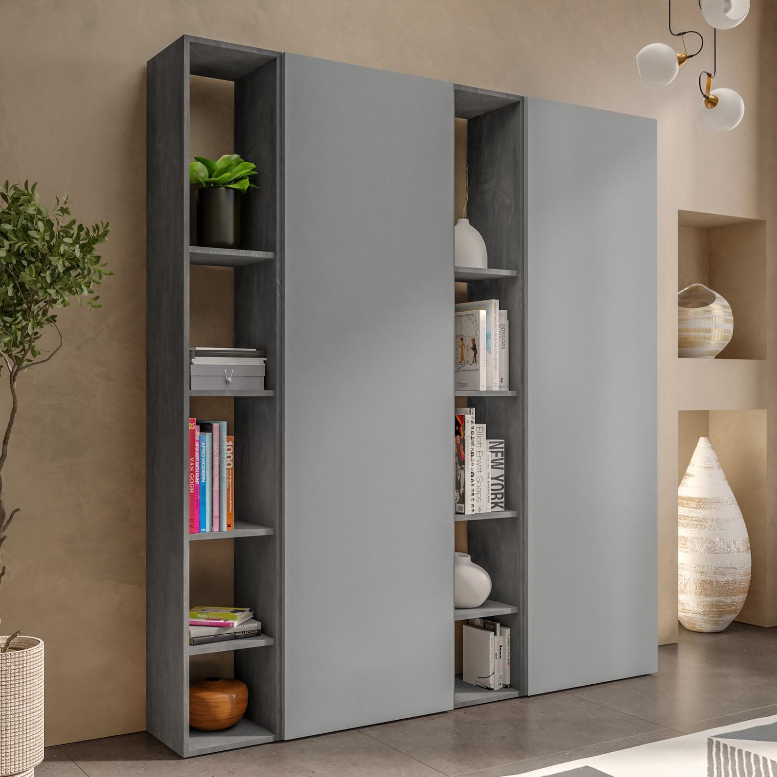Libreria 163x185h cm 4 elementi con vani a giorno piombo e 2 ante ardesia - Clary