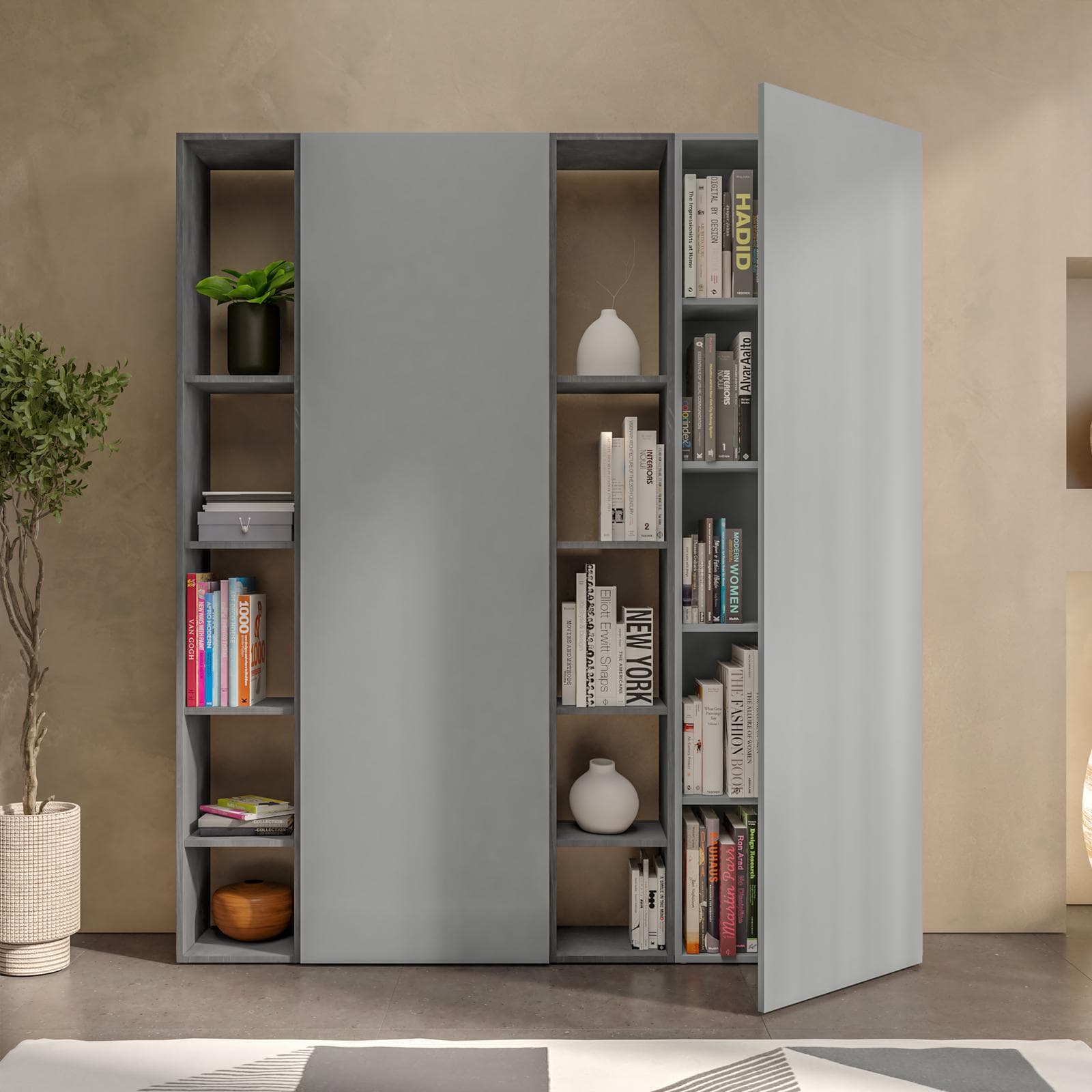 Libreria 163x185h cm 4 elementi con vani a giorno piombo e 2 ante ardesia - Clary