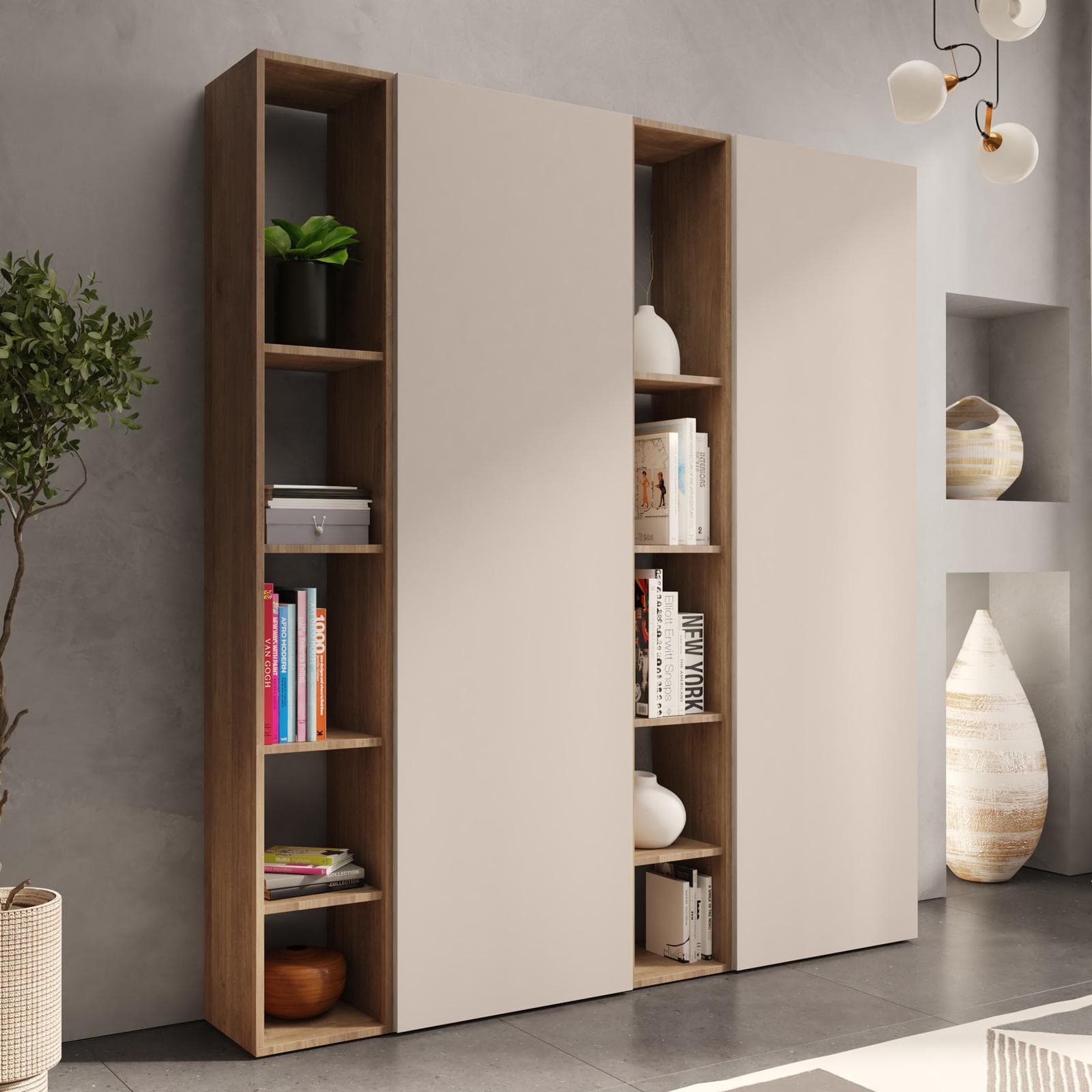 Libreria 163x185h cm 4 elementi con vani a giorno mercure e 2 ante cashmere - Clary
