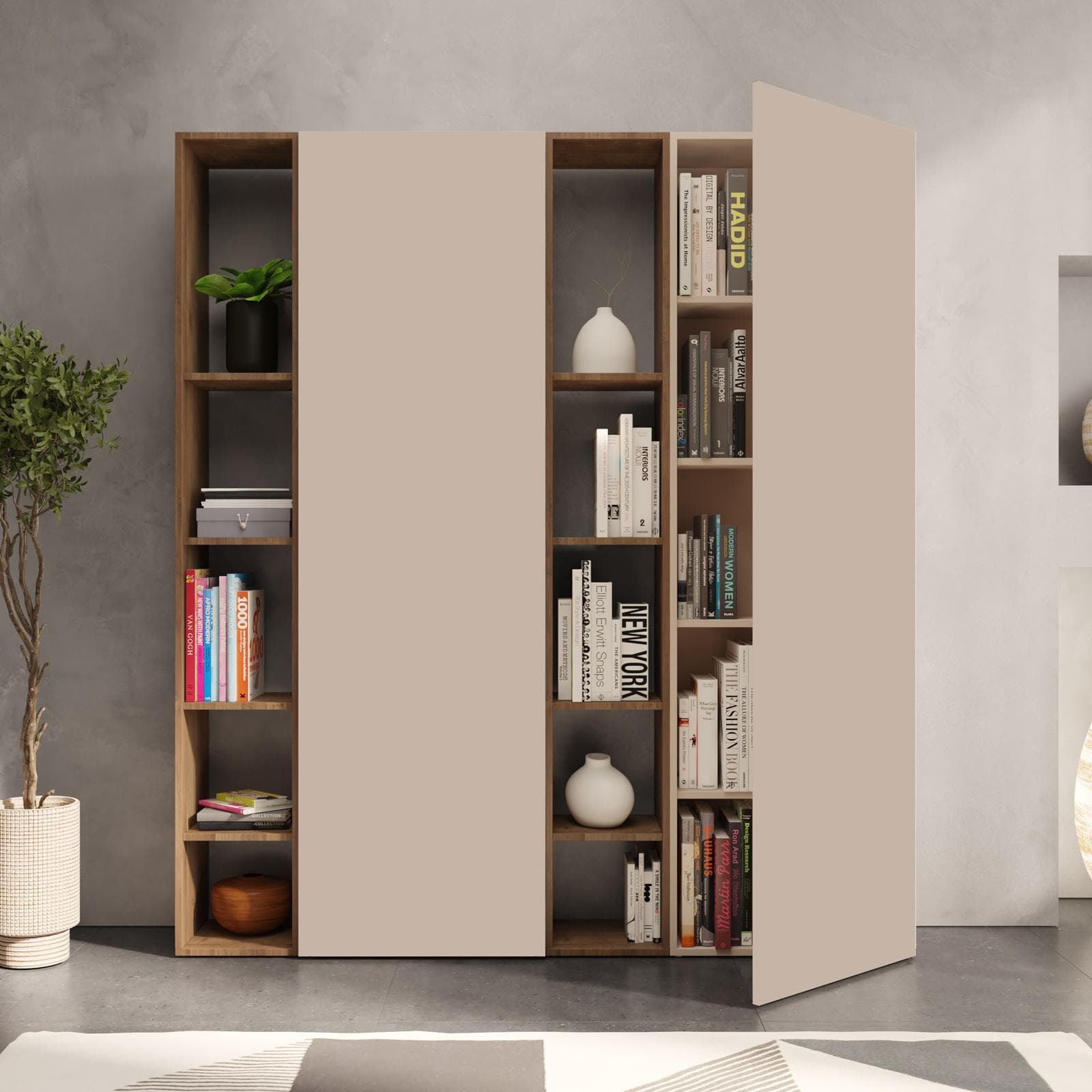 Libreria 163x185h cm 4 elementi con vani a giorno mercure e 2 ante cashmere - Clary