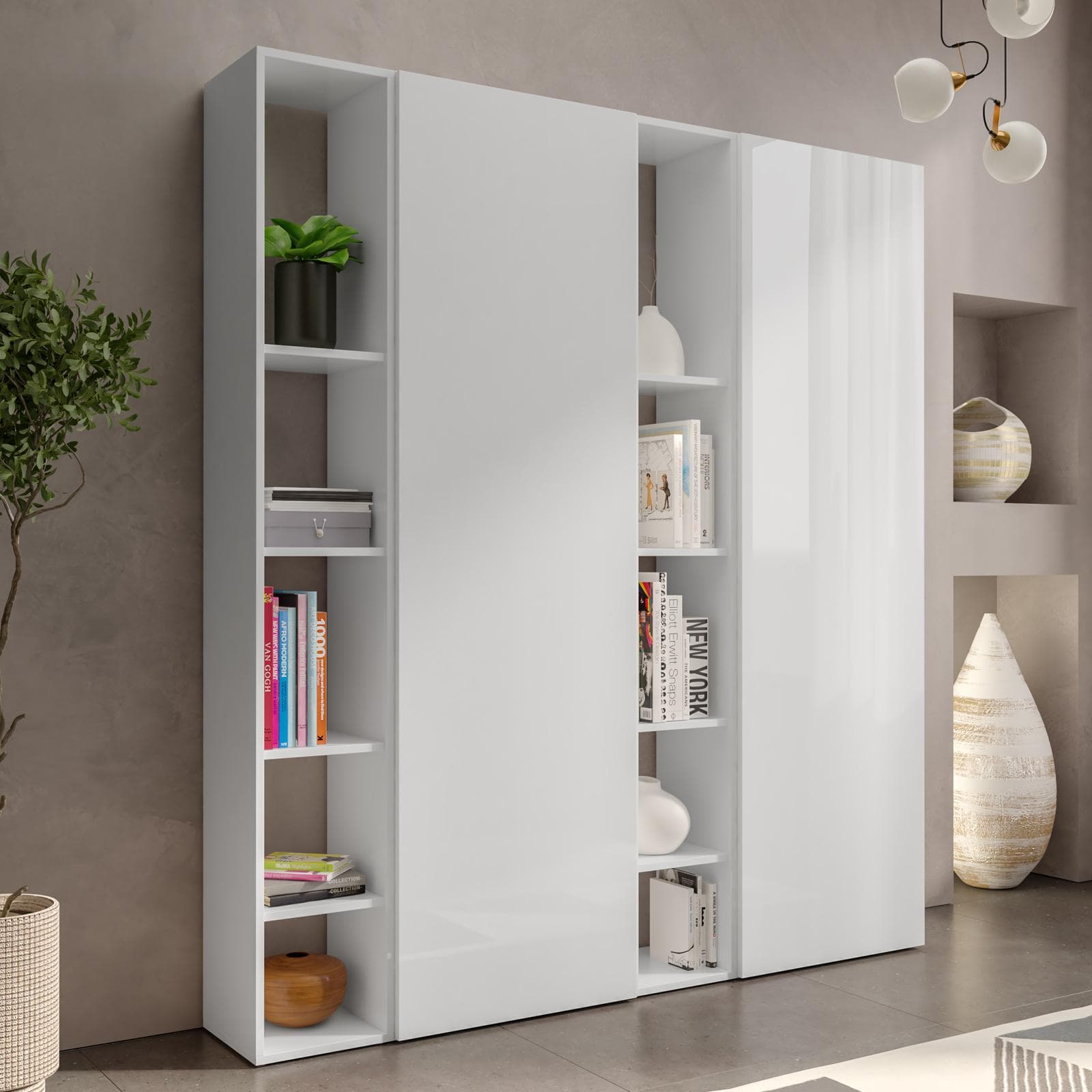 Libreria 163x185h cm 4 elementi bianco lucido con vani a giorno e 2 ante - Clary