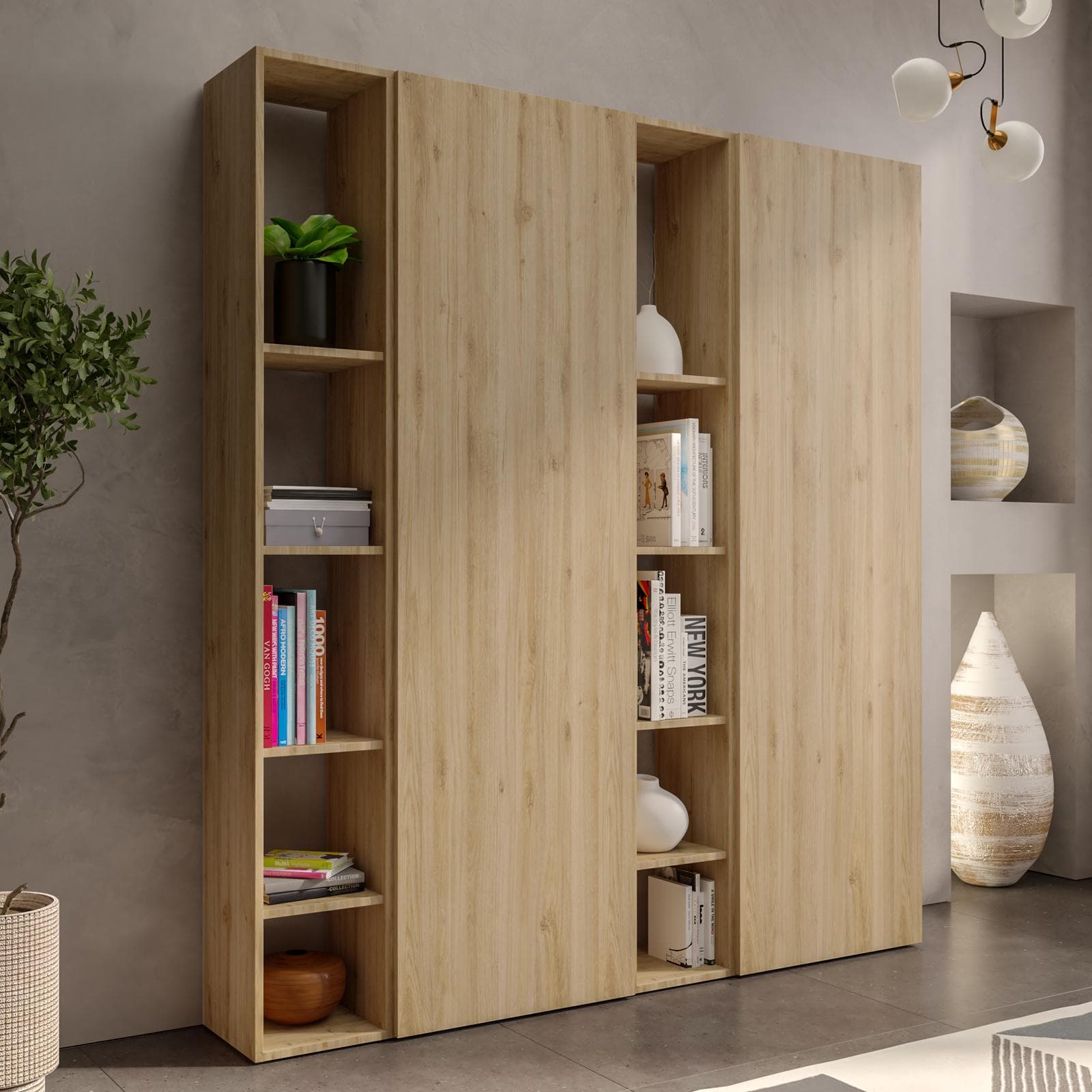 Libreria 163x185h cm 4 elementi cadiz con vani a giorno e 2 ante - Clary