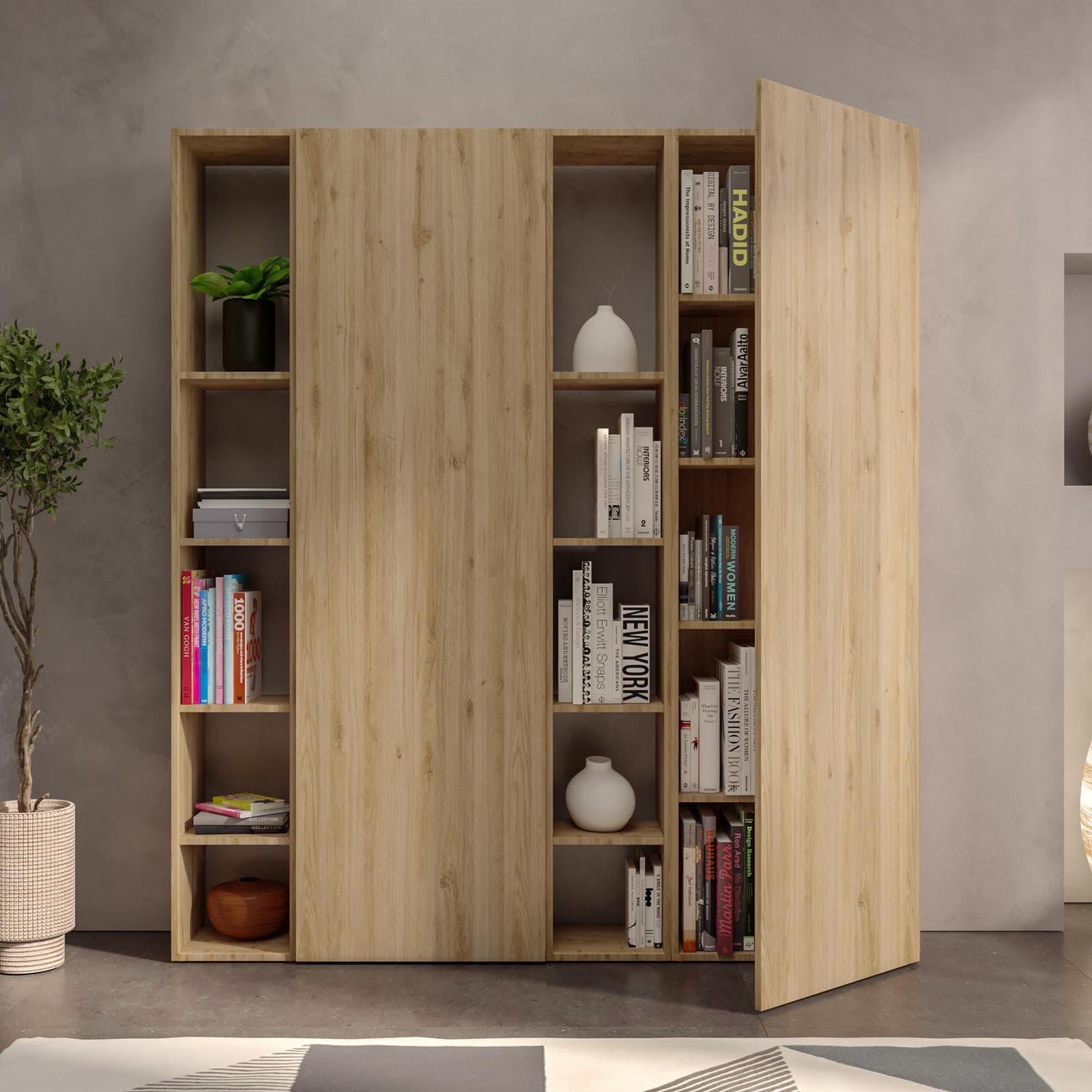 Libreria 163x185h cm 4 elementi cadiz con vani a giorno e 2 ante - Clary