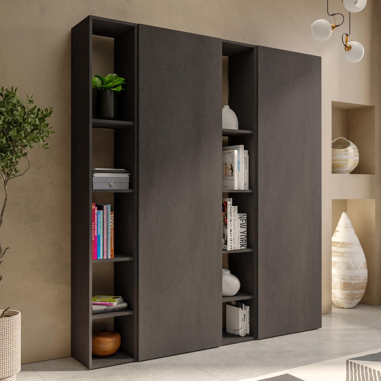 Libreria 163x185h cm 4 elementi lava con vani a giorno e 2 ante - Clary