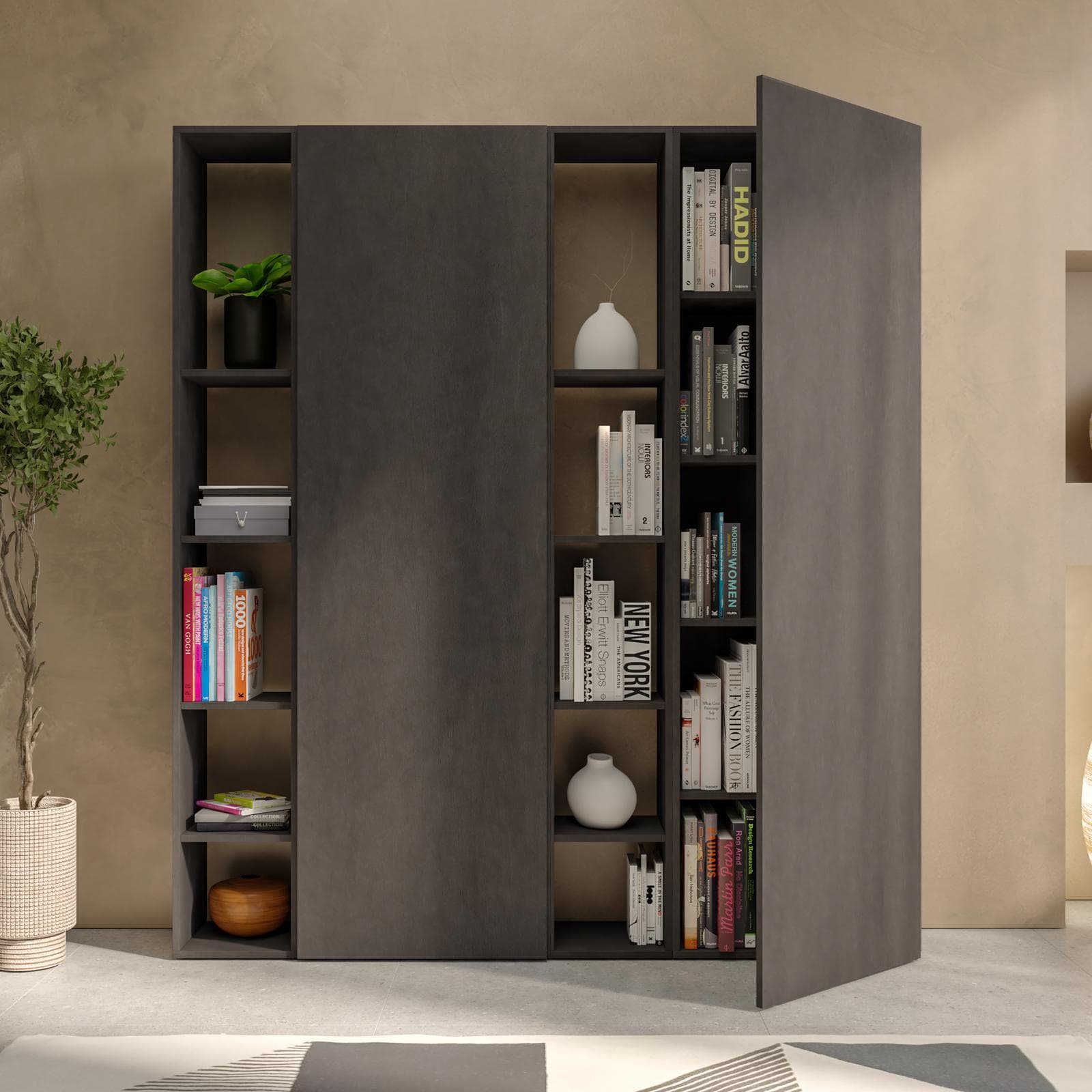 Libreria 163x185h cm 4 elementi lava con vani a giorno e 2 ante - Clary