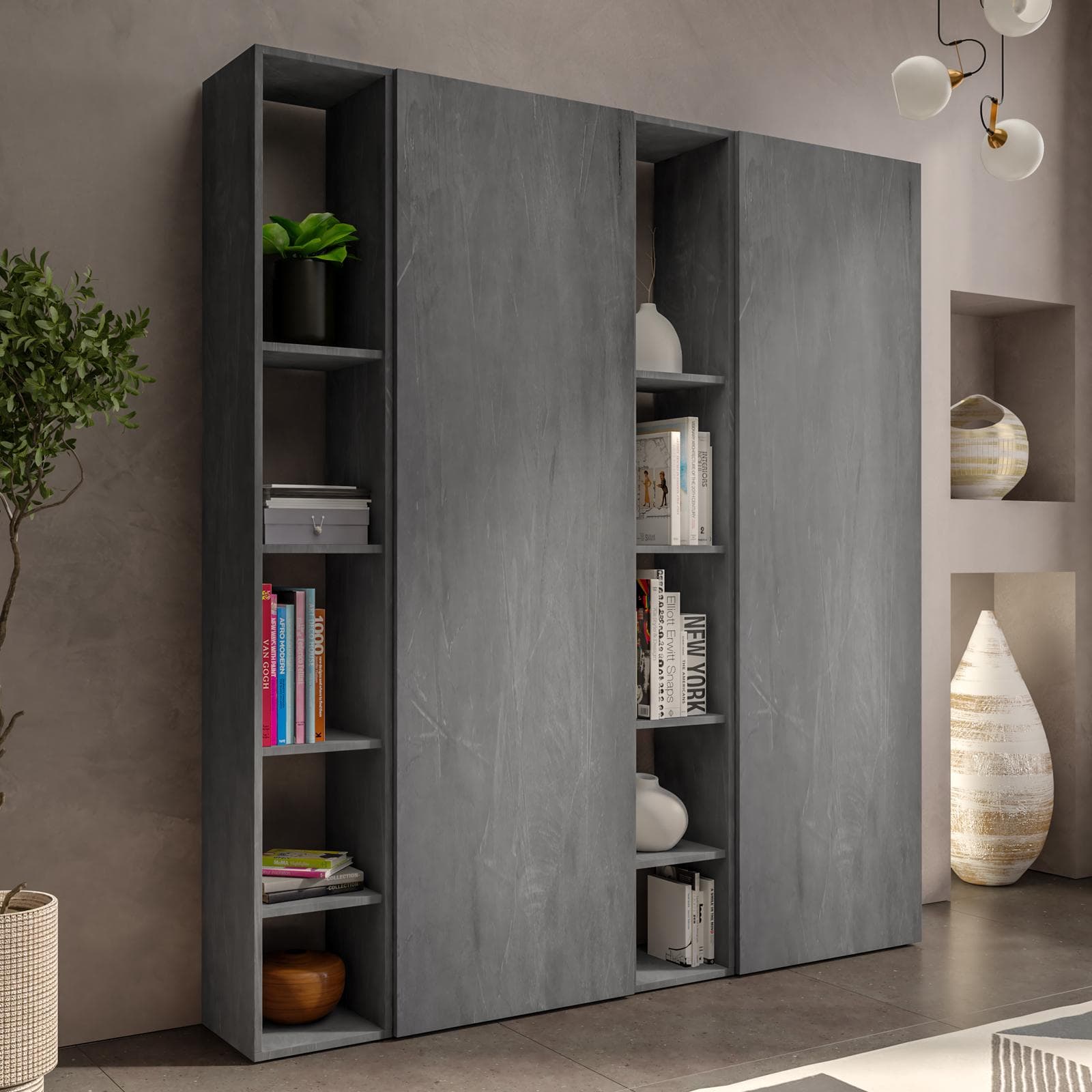 Libreria 163x185h cm 4 elementi piombo con vani a giorno e 2 ante - Clary