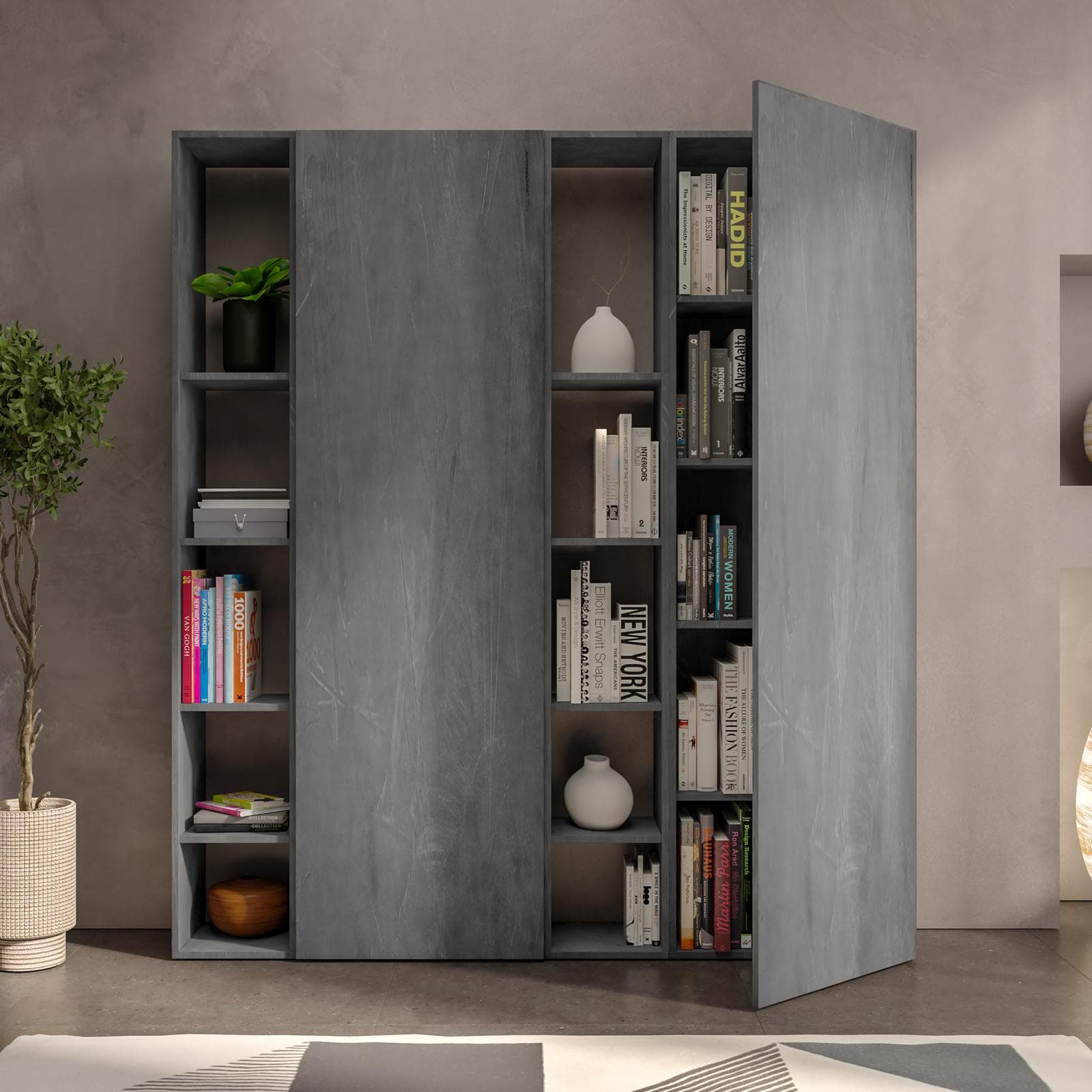 Libreria 163x185h cm 4 elementi piombo con vani a giorno e 2 ante - Clary