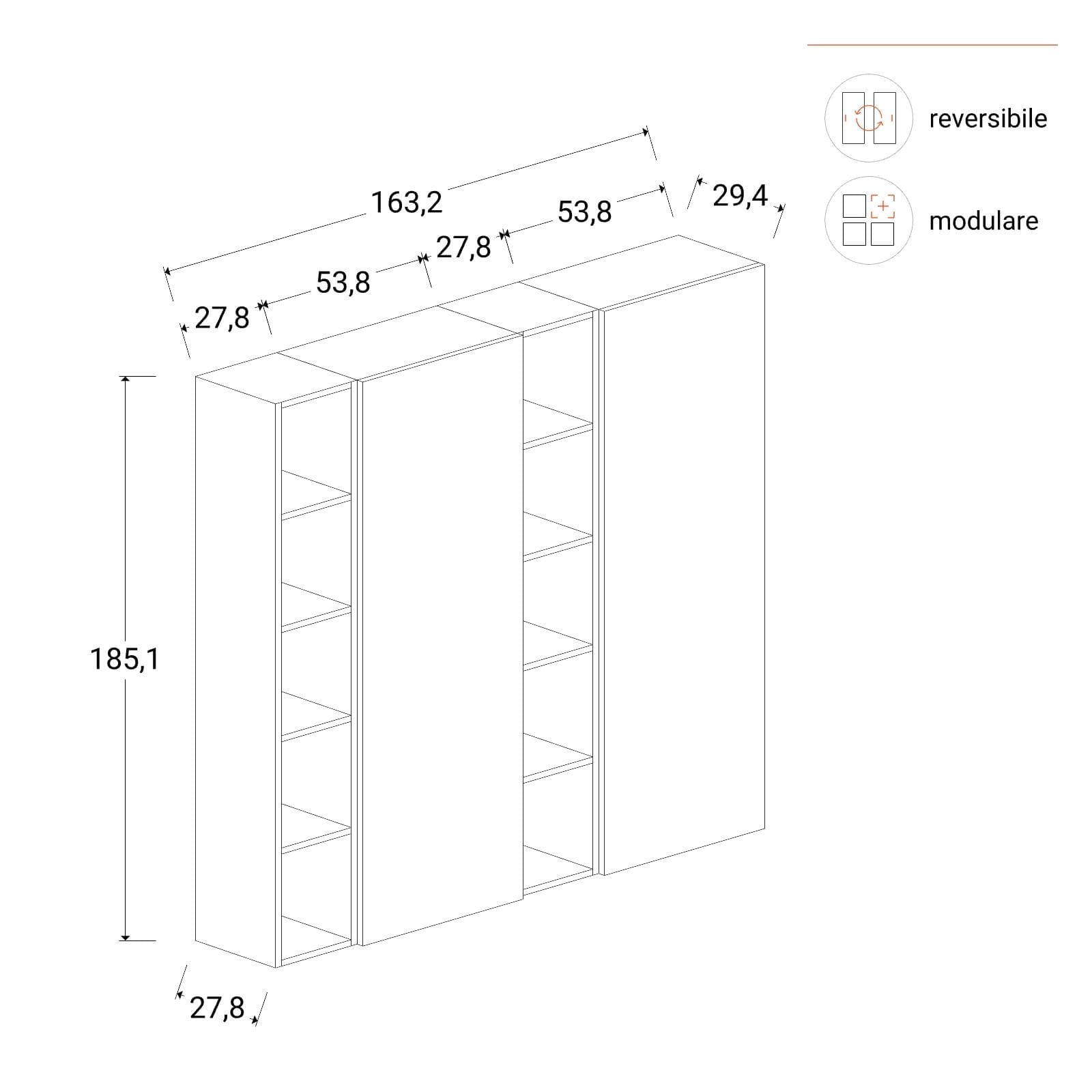 Libreria 163x185h cm 4 elementi piombo con vani a giorno e 2 ante - Clary