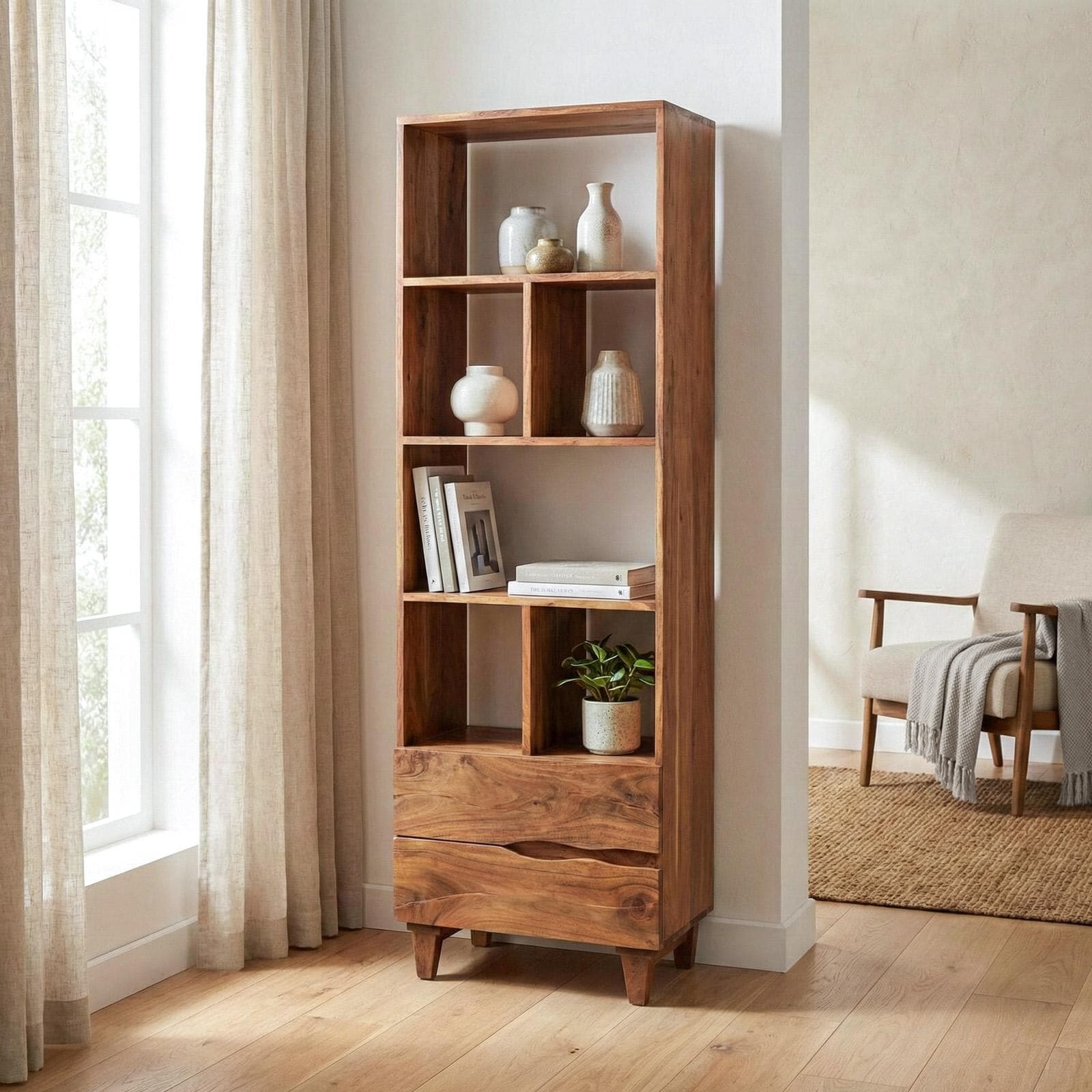 Libreria 177h cm in legno di acacia con 2 cassetti - Freia Acacia